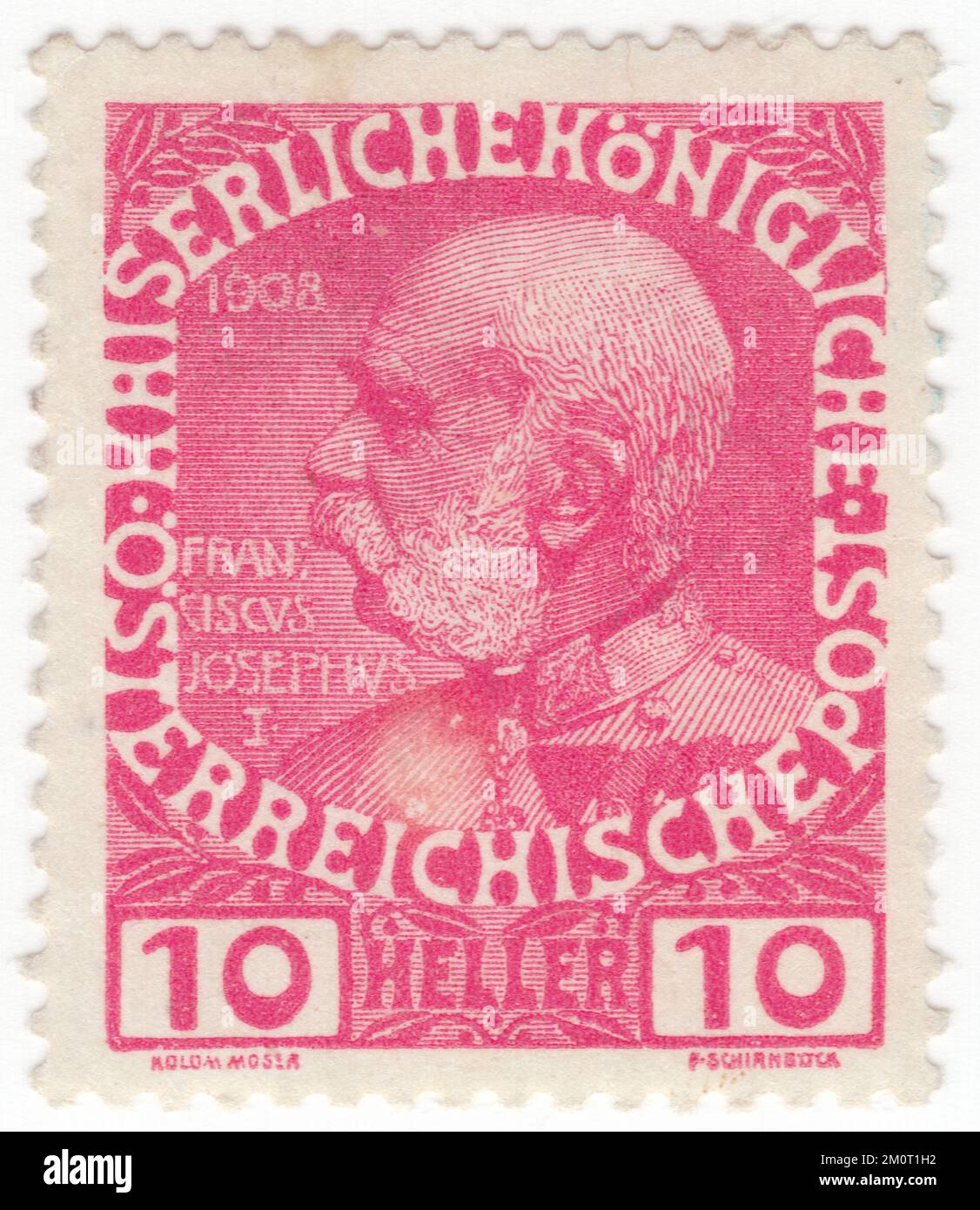 AUSTRIA — 1913: An 10 heller rose postage stamp depicting portrait of Franz Joseph I. Definitive set issued for the 60th year of the reign of Austrian Monarch Franz Josef, Emperor of Austria, King of Hungary, and the other states of the Habsburg monarchy. Franz Joseph I or Francis Joseph I  was Emperor of Austria, King of Hungary, and the other states of the Habsburg monarchy from 2 December 1848 until his death on 21 November 1916.[1] In the early part of his reign, his realms and territories were referred to as the Austrian Empire, but were reconstituted as the dual monarchy Stock Photo