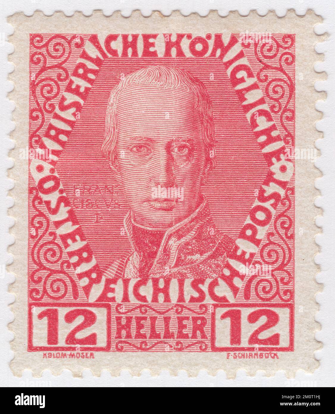AUSTRIA — 1908: An 12 heller scarlet postage stamp depicting portrait of Franz I. Definitive set issued for the 60th year of the reign of Austrian Monarch Franz Josef, Emperor of Austria, King of Hungary, and the other states of the Habsburg monarchy. Francis I (Francis Stephen) was Holy Roman Emperor (1745–1765), Archduke of Austria (1740–1765), Duke of Lorraine and Bar (1729–1737), and Grand Duke of Tuscany (1737–1765). He became the ruler of the Holy Roman Empire, Austria, and Tuscany through his marriage to Maria Theresa, daughter of Emperor Charles VI Stock Photo