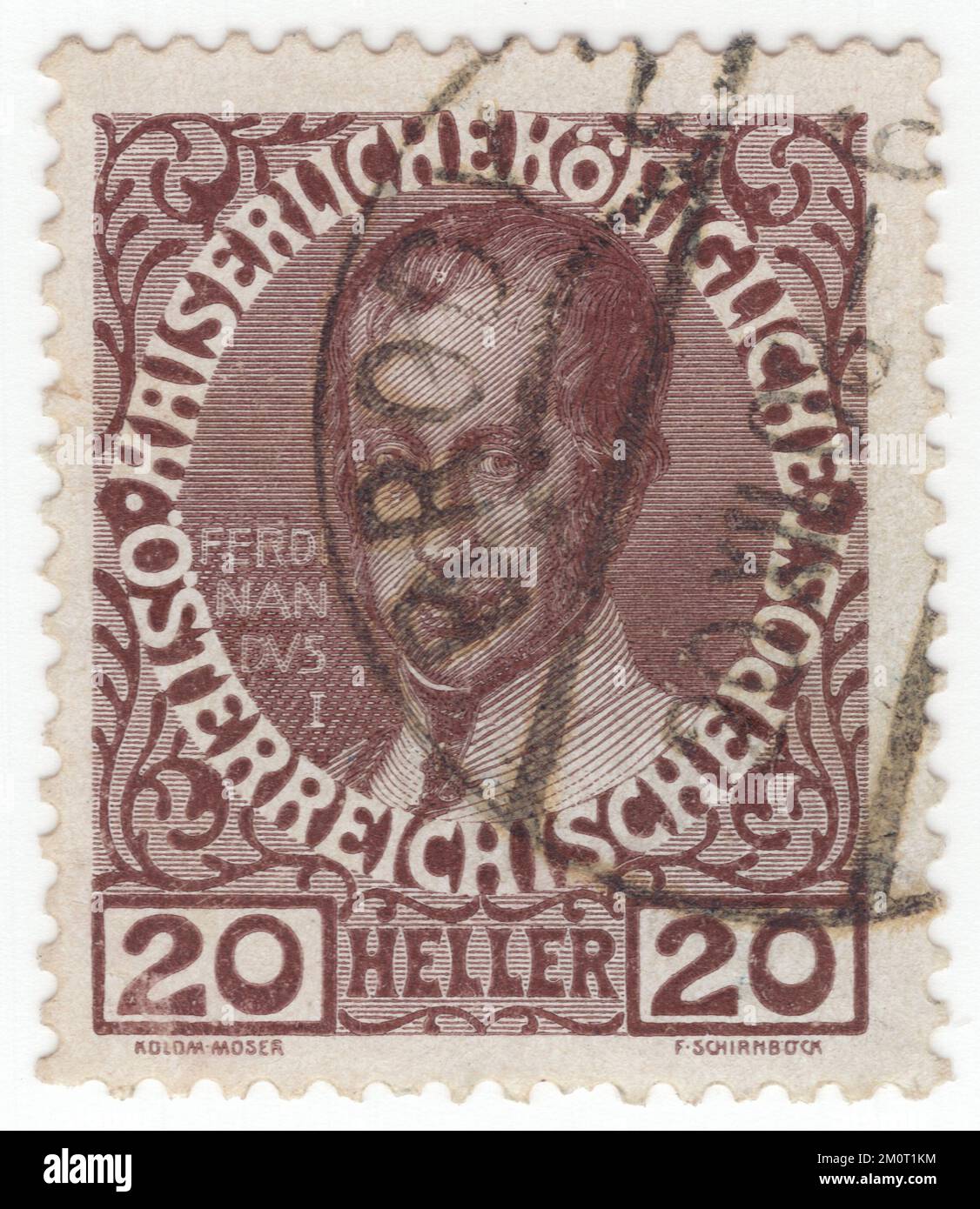 AUSTRIA - 1913: An 20 heller chocolate postage stamp depicting a portrait of Ferdinand I. Definitive set issued for the 60th year of the reign of Austrian Monarch Franz Josef, Emperor of Austria, King of Hungary, and the other states of the Habsburg monarchy. Ferdinand I was the Emperor of Austria from March 1835 until his abdication in December 1848. He was also King of Hungary, Croatia and Bohemia (as Ferdinand V), King of Lombardy–Venetia and holder of many other lesser titles. Due to his passive but well-intentioned character, he gained the sobriquet The Benign or The Benevolent Stock Photo