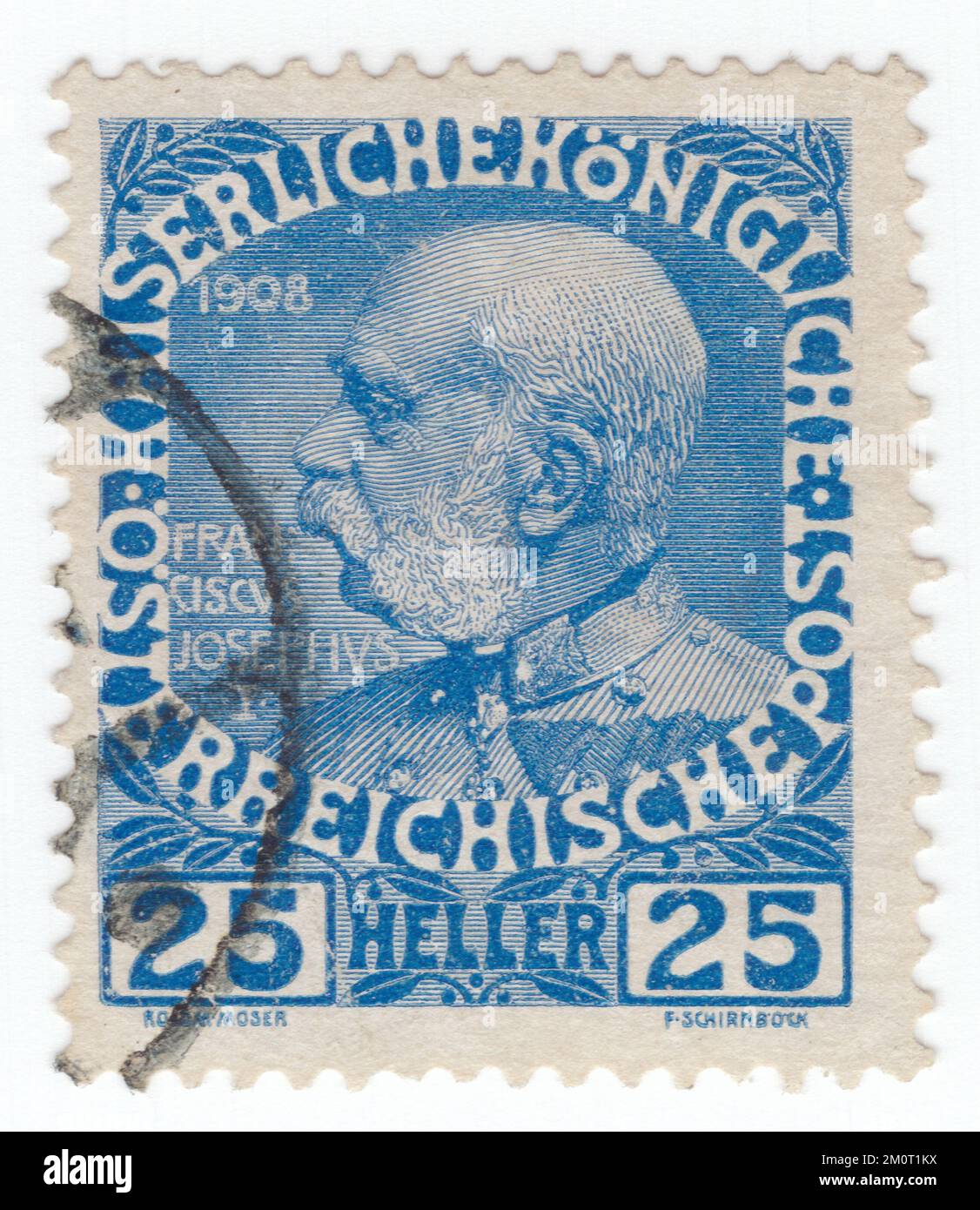 AUSTRIA — 1913: An 25 heller ultramarine postage stamp depicting portrait of Franz Joseph I. Definitive set issued for the 60th year of the reign of Austrian Monarch Franz Josef, Emperor of Austria, King of Hungary, and the other states of the Habsburg monarchy. Franz Joseph I or Francis Joseph I  was Emperor of Austria, King of Hungary, and the other states of the Habsburg monarchy from 2 December 1848 until his death on 21 November 1916.[1] In the early part of his reign, his realms and territories were referred to as the Austrian Empire, but were reconstituted as the dual monarchy Stock Photo