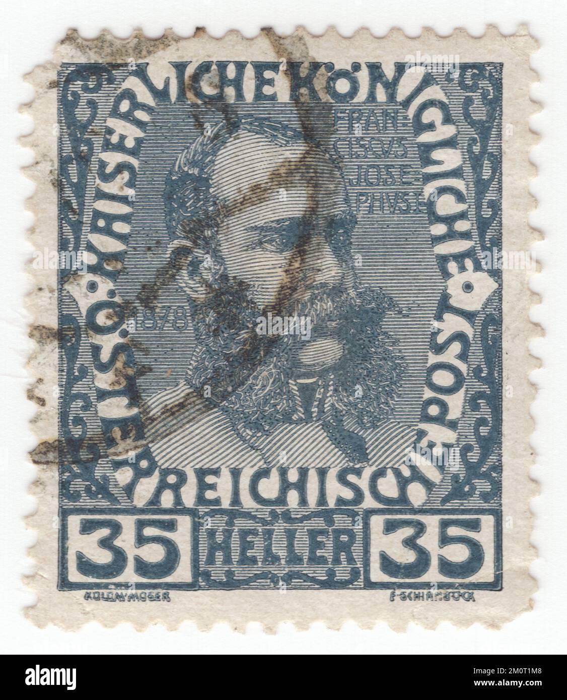 AUSTRIA — 1908: An 35 heller slate postage stamp depicting portrait of Franz Joseph I in middle age. Definitive set issued for the 60th year of the reign of Austrian Monarch Franz Josef, Emperor of Austria, King of Hungary, and the other states of the Habsburg monarchy. Franz Joseph I or Francis Joseph I  was Emperor of Austria, King of Hungary, and the other states of the Habsburg monarchy from 2 December 1848 until his death on 21 November 1916.[1] In the early part of his reign, his realms and territories were referred to as the Austrian Empire, but were reconstituted as the dual monarchy Stock Photo