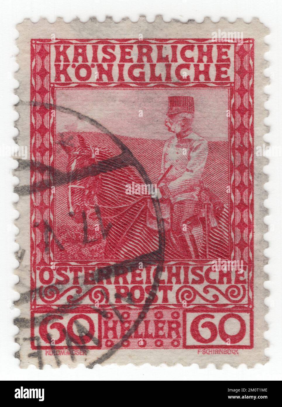 AUSTRIA — 1908: An 350 heller dark green postage stamp depicting portrait of Franz Joseph I. Definitive set issued for the 60th year of the reign of Austrian Monarch Franz Josef, Emperor of Austria, King of Hungary, and the other states of the Habsburg monarchy. Franz Joseph I or Francis Joseph I  was Emperor of Austria, King of Hungary, and the other states of the Habsburg monarchy from 2 December 1848 until his death on 21 November 1916. In the early part of his reign, his realms and territories were referred to as the Austrian Empire, but were reconstituted as the dual monarchy Stock Photo