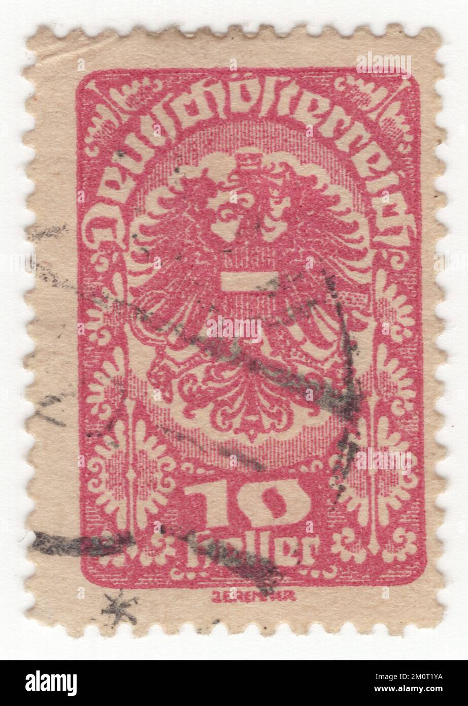 AUSTRIA — 1919: An 10 heller deep rose postage stamp depicting Coat of ...