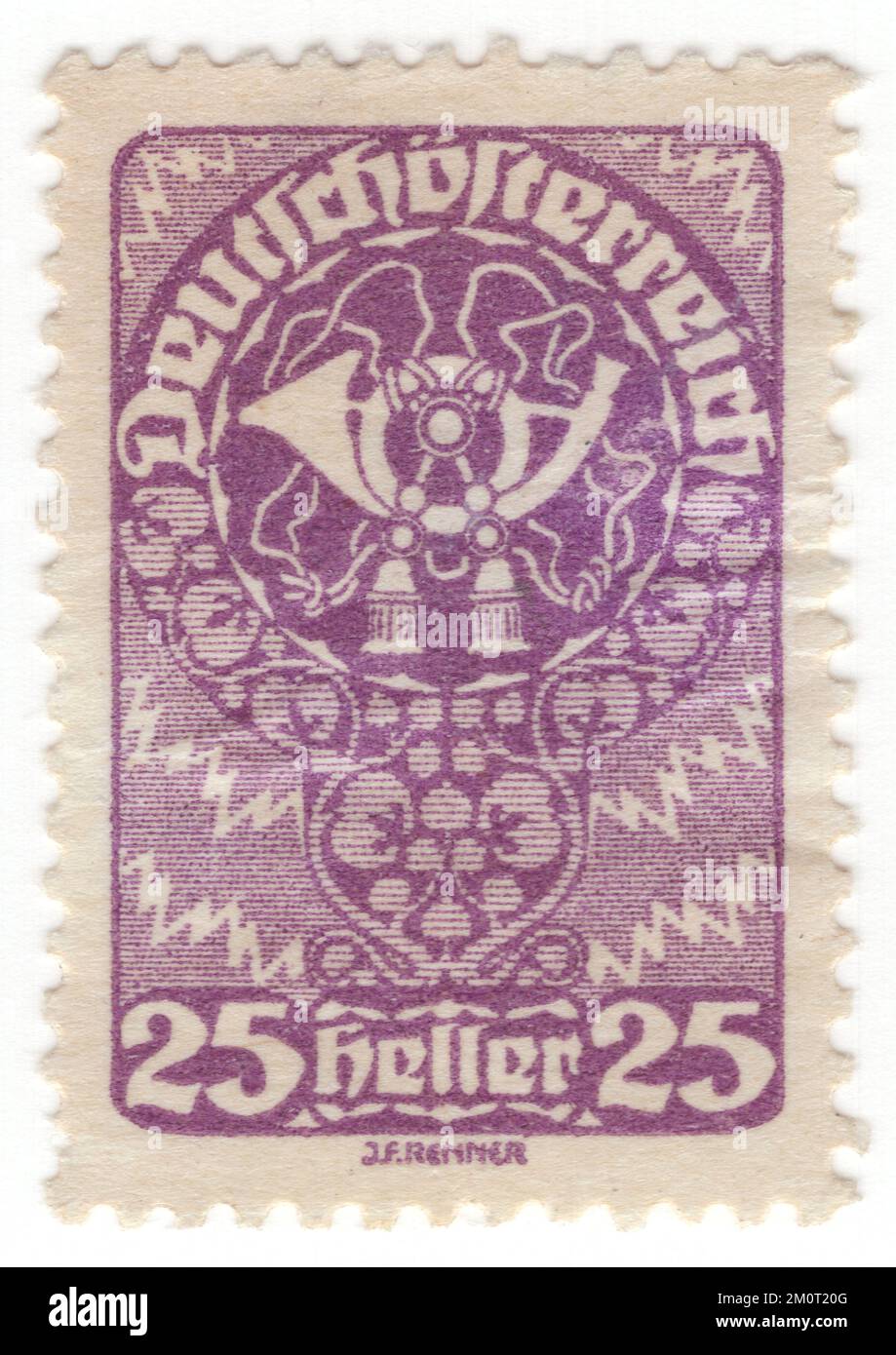 AUSTRIA - 1920: An 25 heller violet postage stamp depicting Post Horn, issue of the First Republic. The post horn (also post-horn) is a valveless cylindrical brass instrument with a cupped mouthpiece. The instrument was used to signal the arrival or departure of a post rider or mail coach. It was used especially by postilions of the 18th and 19th centuries Stock Photo