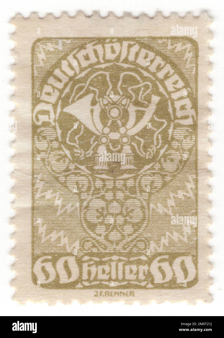 AUSTRIA - 1920: An 60 heller olive-green postage stamp depicting Post Horn, issue of the Republic. The post horn (also post-horn) is a valveless cylindrical brass instrument with a cupped mouthpiece. The instrument was used to signal the arrival or departure of a post rider or mail coach. It was used especially by postilions of the 18th and 19th centuries Stock Photo