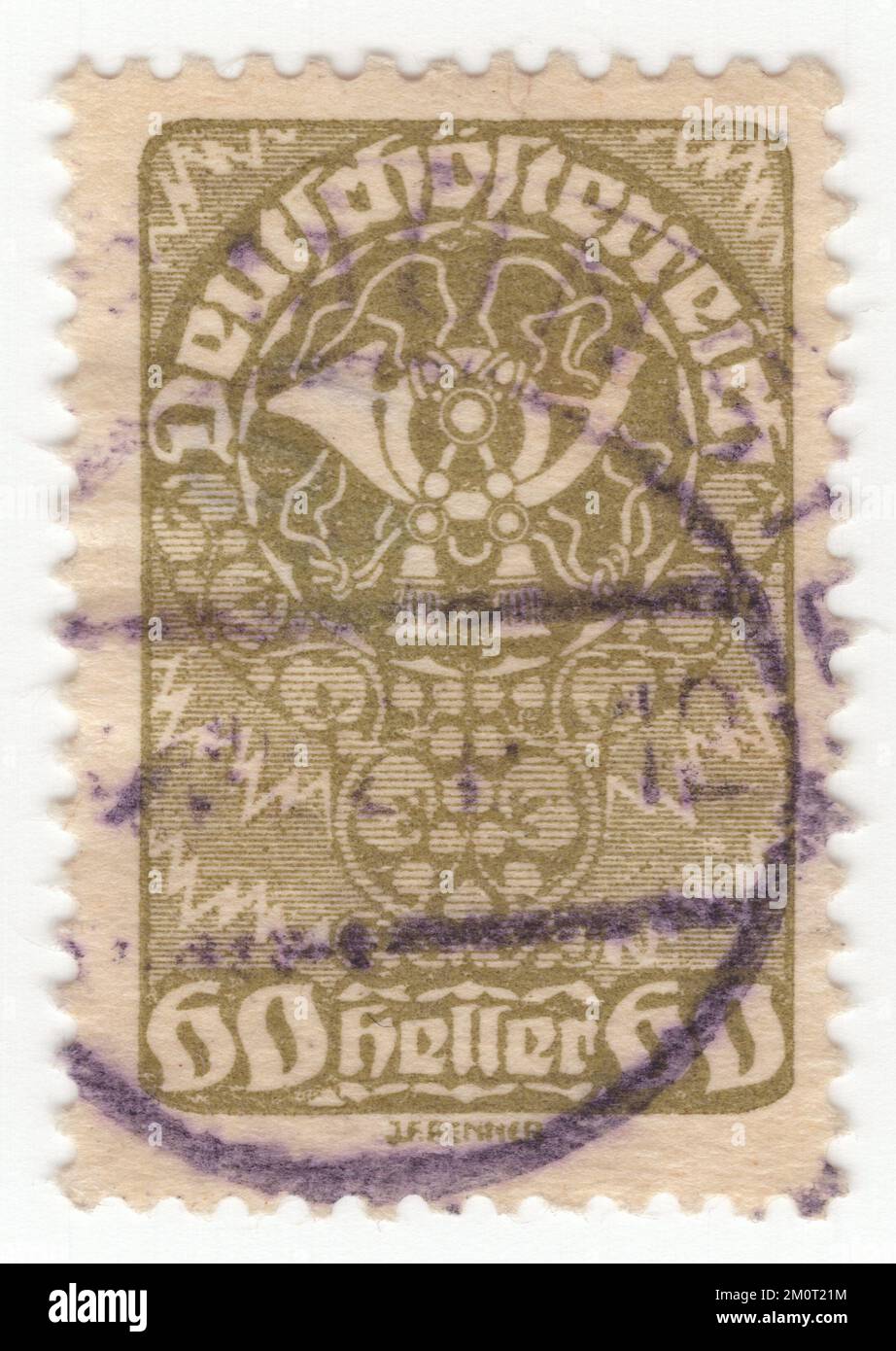AUSTRIA - 1920: An 60 heller olive-green postage stamp depicting Post Horn, issue of the Republic. The post horn (also post-horn) is a valveless cylindrical brass instrument with a cupped mouthpiece. The instrument was used to signal the arrival or departure of a post rider or mail coach. It was used especially by postilions of the 18th and 19th centuries Stock Photo