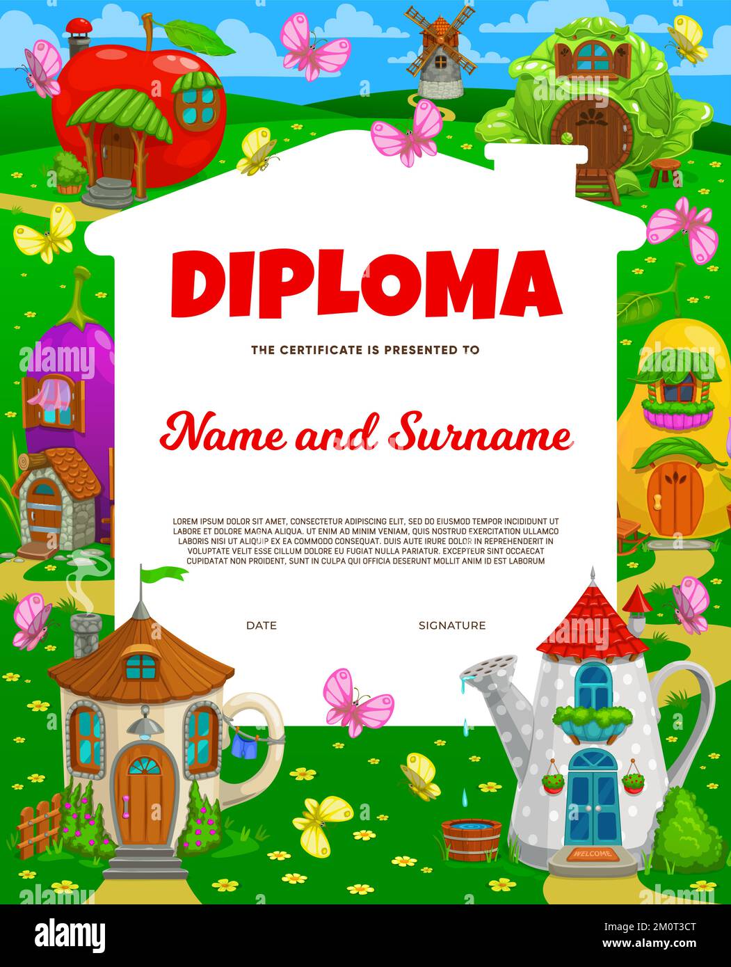 Kids diploma, fairy magic houses and elf village town dwellings, vector education certificate. School or kindergarten diploma award with cartoon fairy tale houses of teapot, apple and watering can Stock Vector