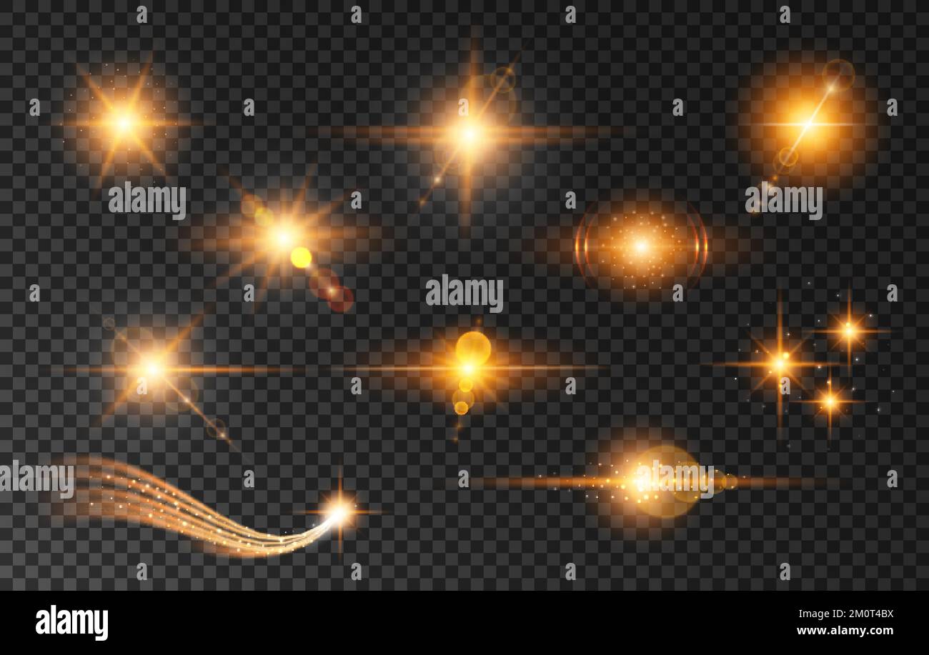 Lens flare, star light and golden glow. Isolated vector set of flashes