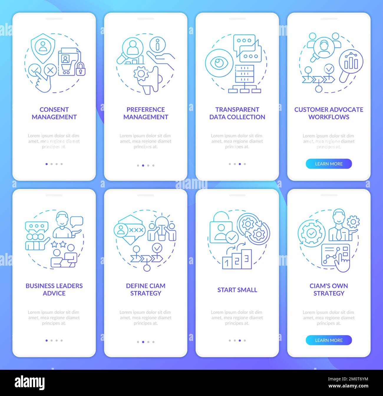 CIAM strategy blue gradient onboarding mobile app screen set Stock Vector