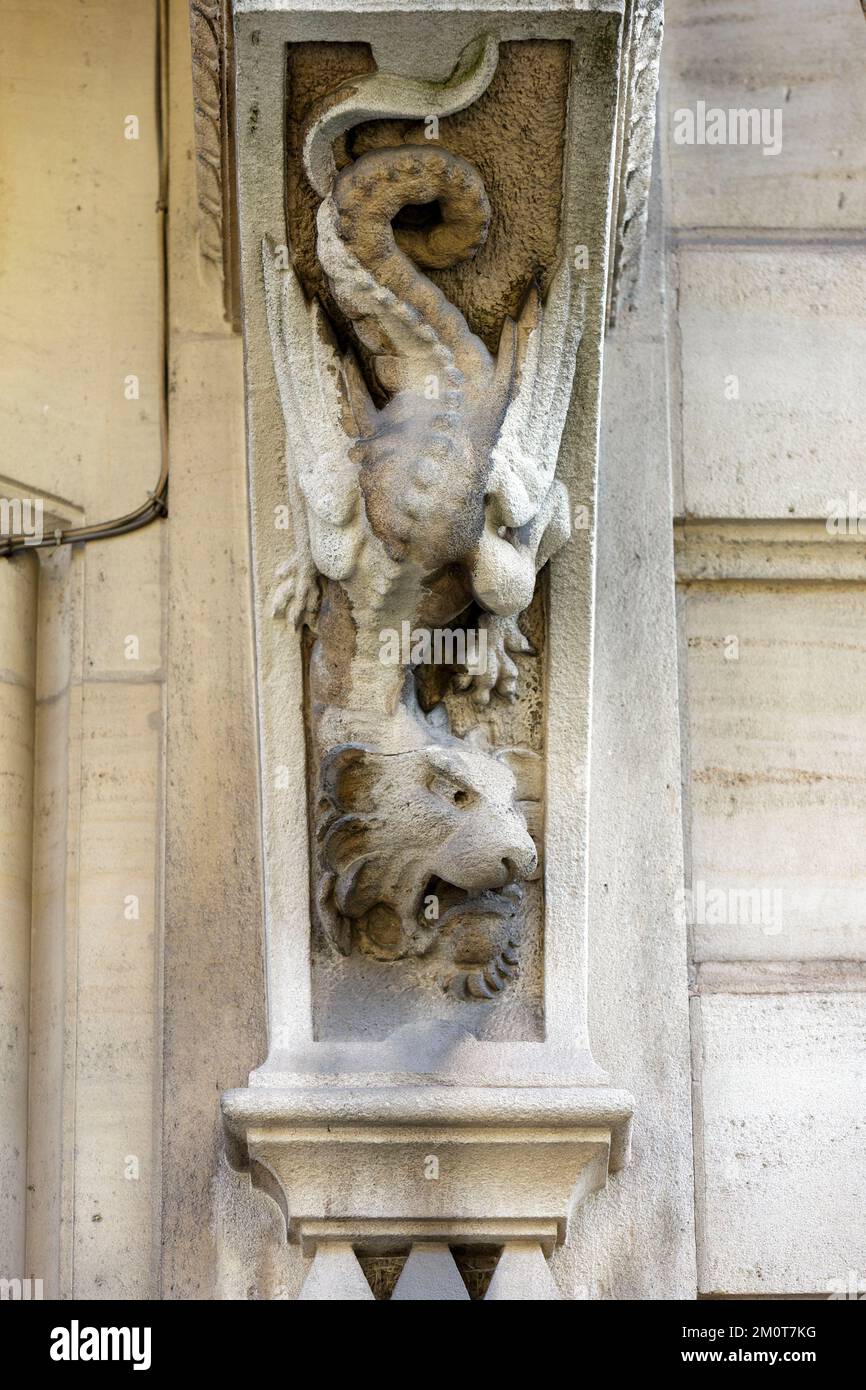 France, Meurthe et Moselle, Nancy, sculpture representing a fantastic animal on the facade of an apartment building located Rue Saint Dizier Stock Photo