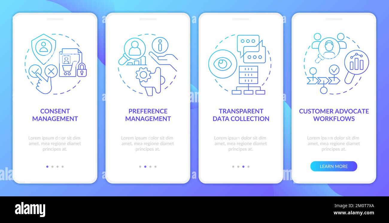 CIAM strategy features blue gradient onboarding mobile app screen Stock Vector