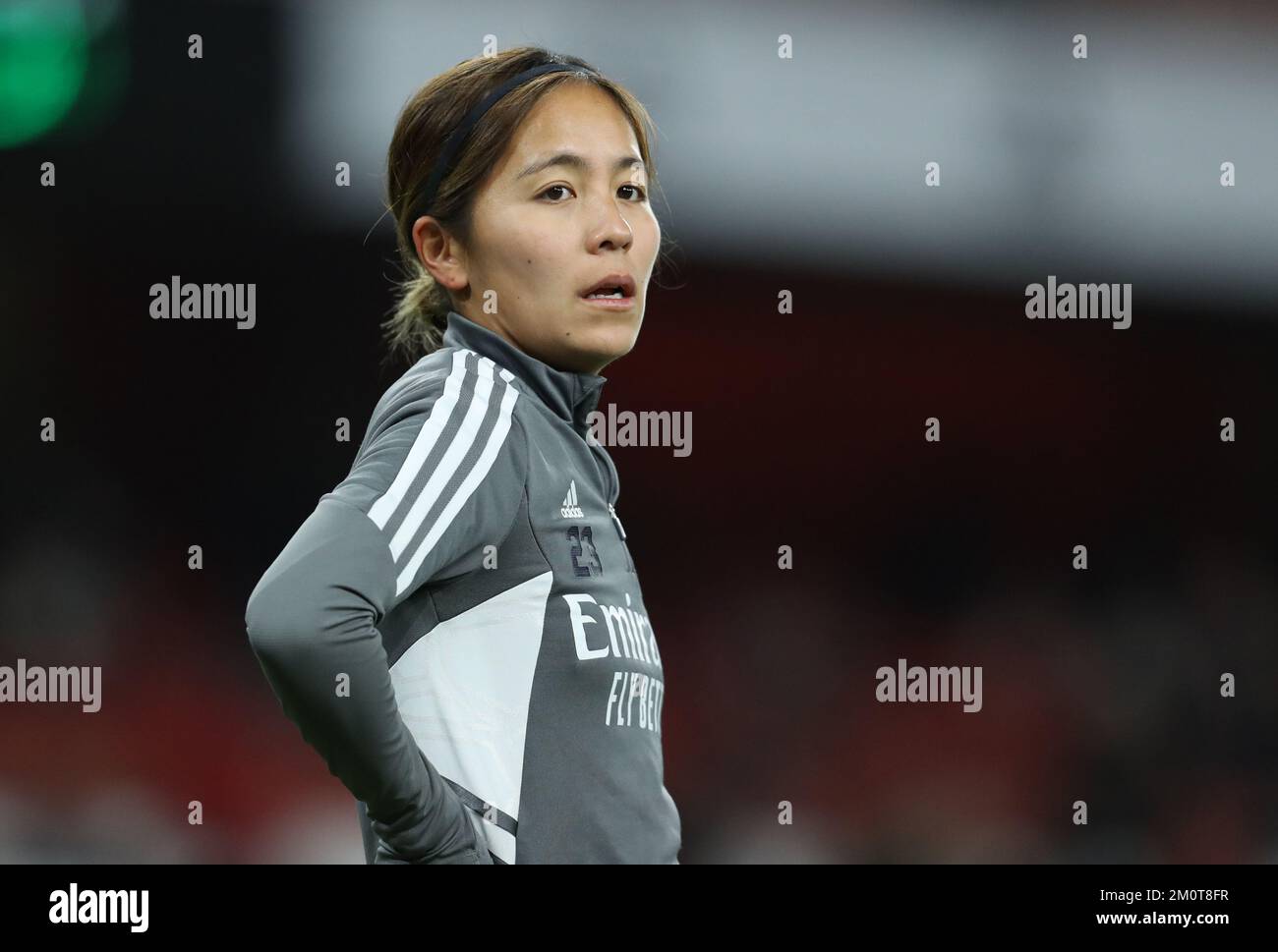 London, England, 7th December 2022. Mana Iwabuchi of Arsenal warms up before the UEFA Womens Champions League match at the Emirates Stadium, London. Picture credit should read: Paul Terry / Sportimage Stock Photo