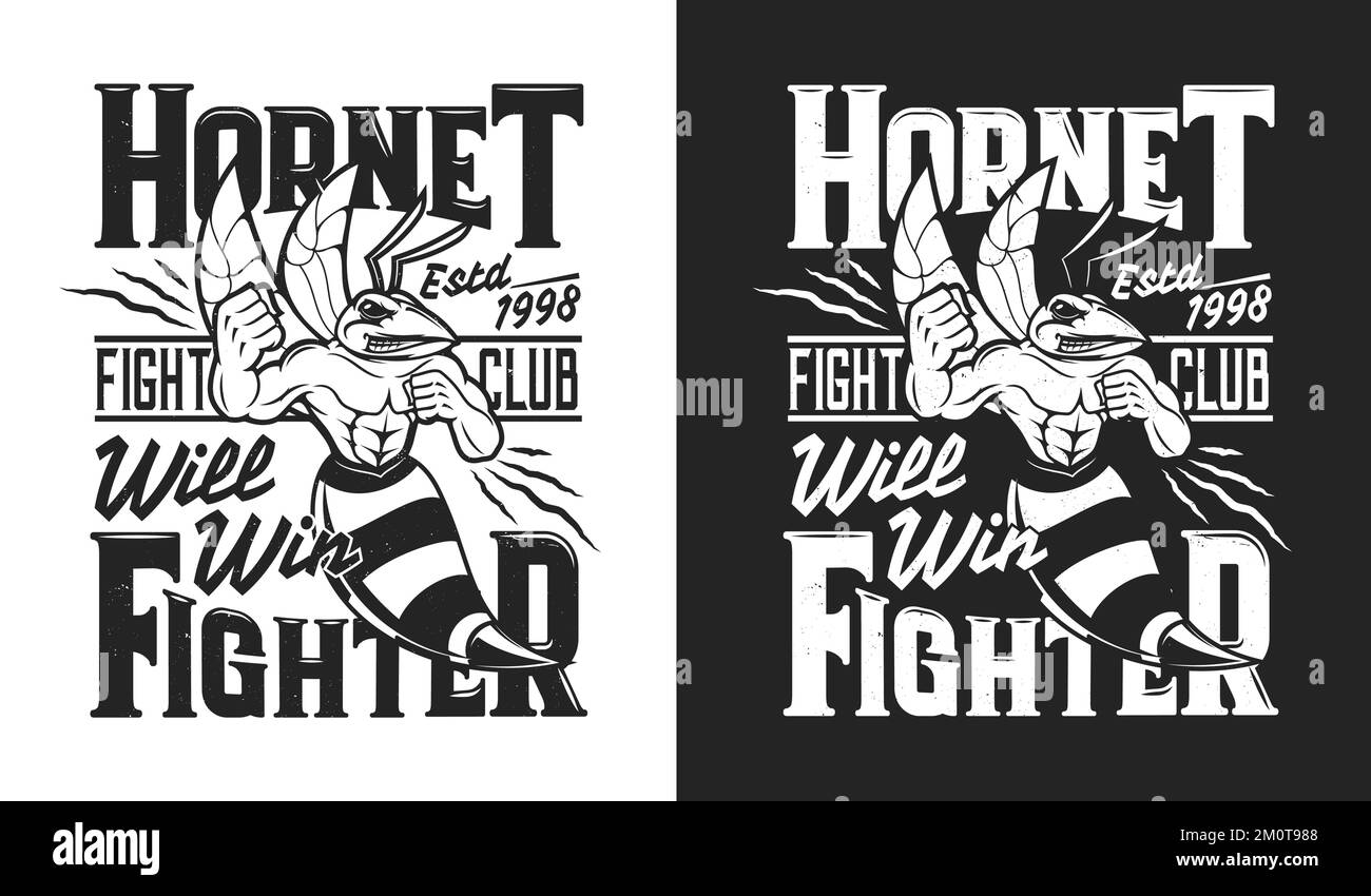 Angry hornet mascot, fighting club t-shirt print, martial arts fight and sport team vector emblem. Strong aggressive muscle hornet wasp with sting, badge for sport fight club mascot Stock Vector