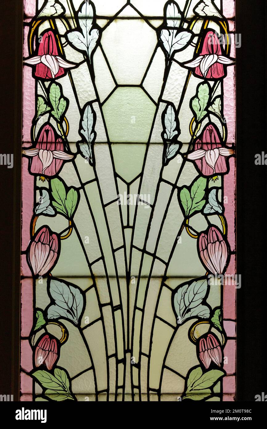 France, Meurthe et Moselle, Nancy, Musee de l'Ecole de Nancy (museum of the Nancy School) former mecene Eugene Corbin's house dedicated to Art Nouveau, stained glass window called Les ancolies (aquilegias)by Koenig et Lafitte made around 1911 Stock Photo