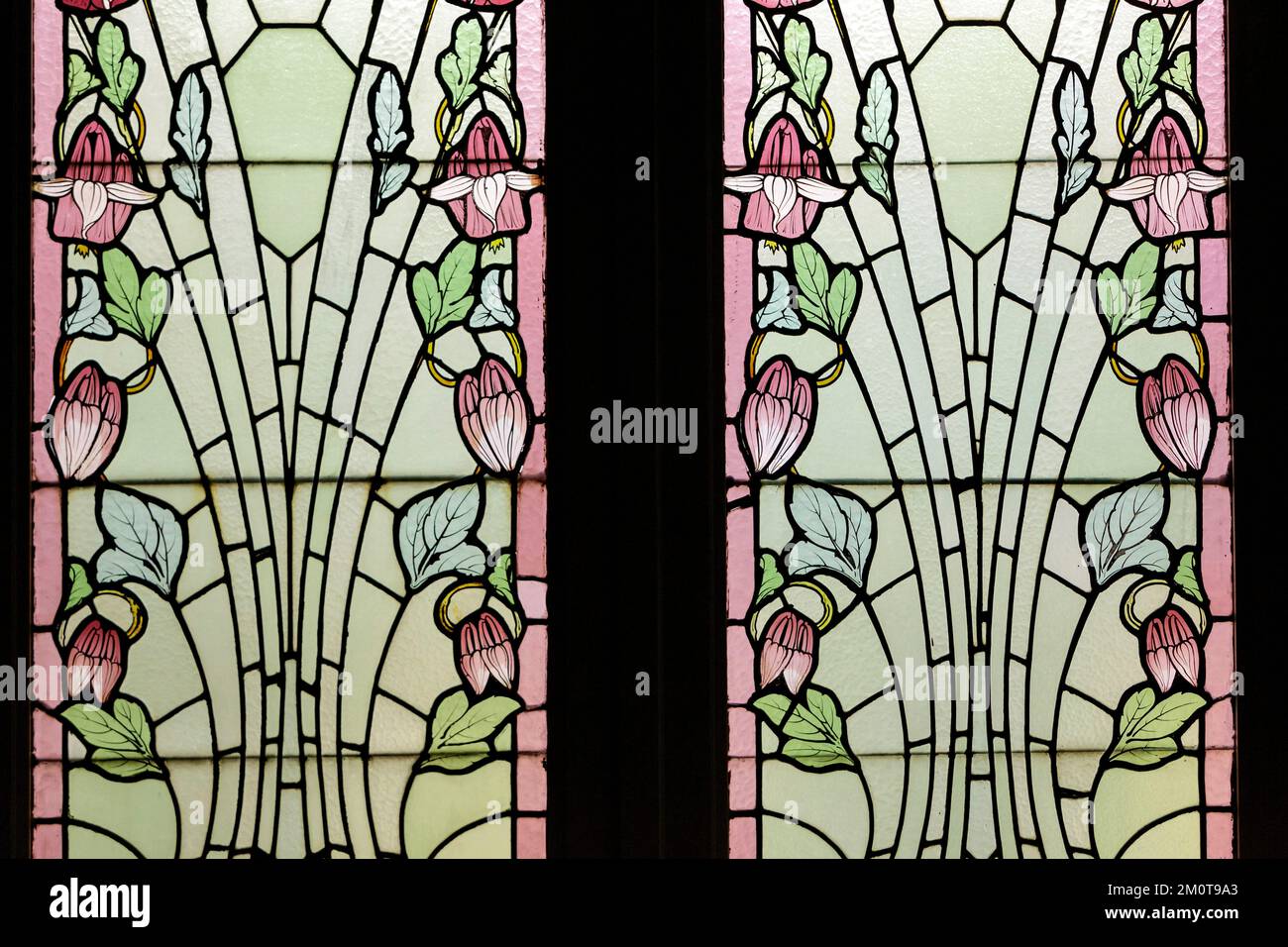 France, Meurthe et Moselle, Nancy, Musee de l'Ecole de Nancy (museum of the Nancy School) former mecene Eugene Corbin's house dedicated to Art Nouveau, stained glass window called Les ancolies (aquilegias)by Koenig et Lafitte made around 1911 Stock Photo
