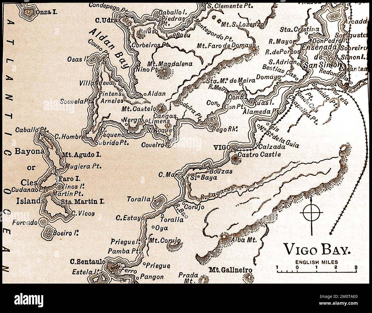 A 19th century map of the Vigo Bay area scene of   The Battle of Vigo Bay, also known as the Battle of Rande,  de la escena del área de la Bahía de Vigo de La Batalla de la Bahía de Vigo, también conocida como la Batalla de Rande y la Batalla de Rande), una batalla naval librada el 23 de octubre de 1702. -   Une carte du 19ème siècle de la scène de la région de la baie de Vigo de la bataille de la baie de Vigo,  --  Een 19e-eeuwse kaart van de Vigo Bay gebied scène van de Slag om Vigo Bay, Stock Photo