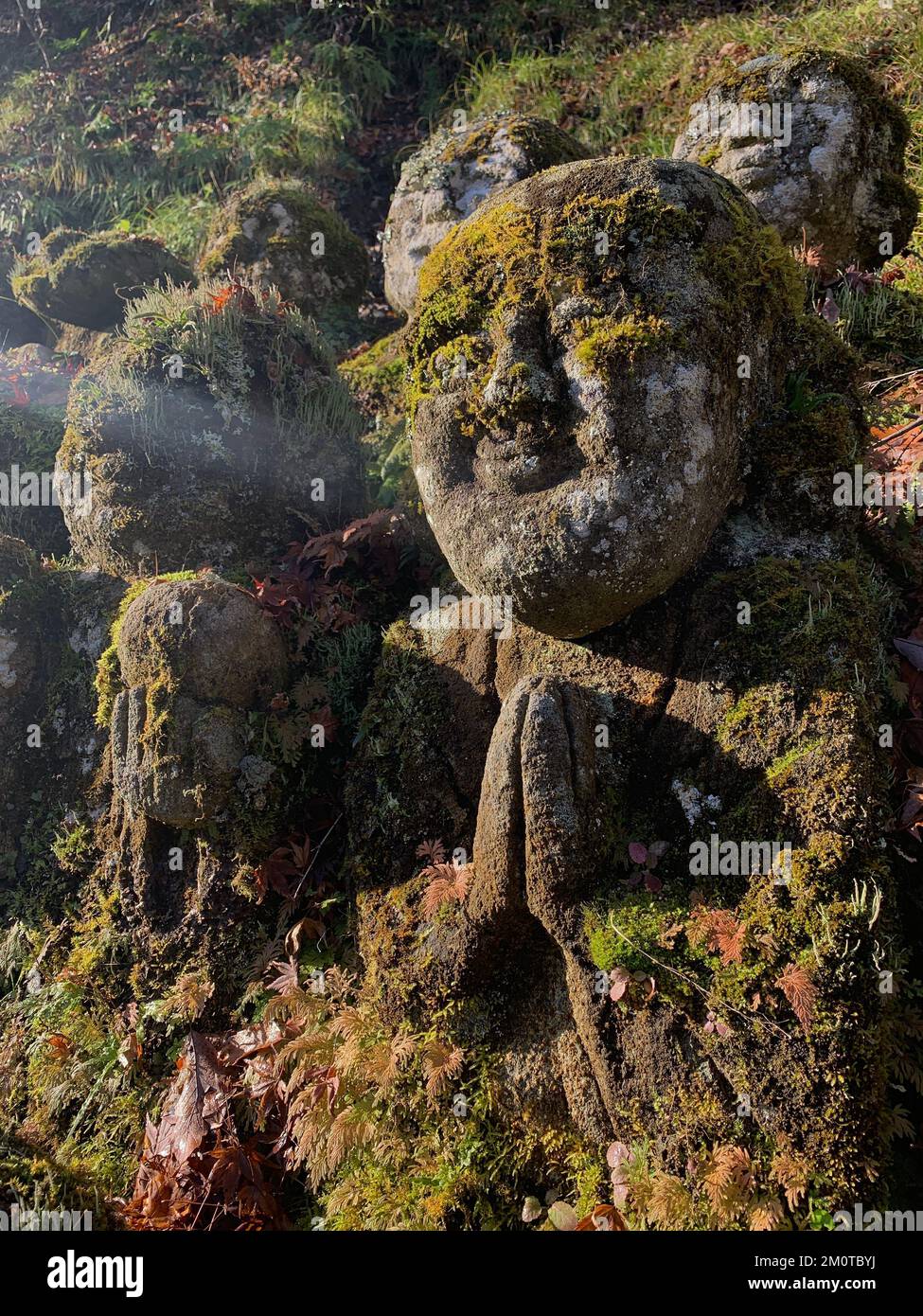 Ancient moss covered stone relics looking like little children Stock ...