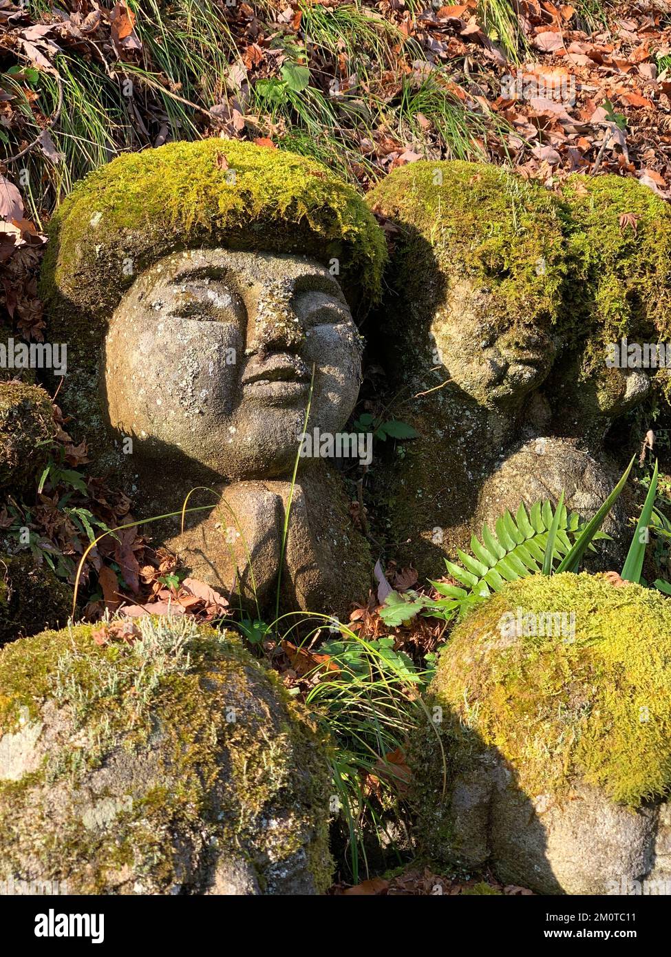Ancient moss covered stone relics looking like little children Stock ...