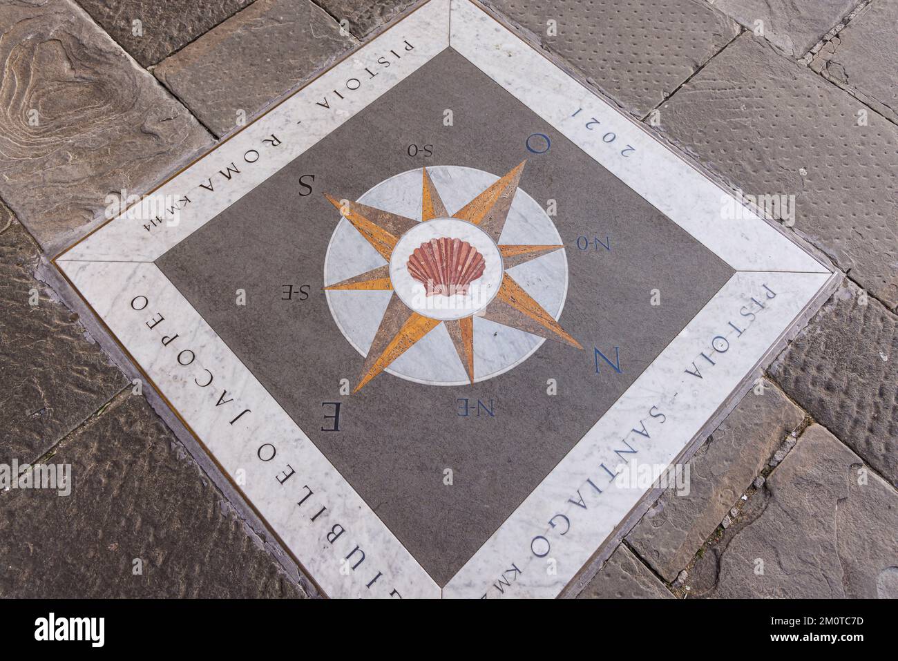 Italy, Tuscany, Pistoia, sign on the floor marking the Camino de Santiago Stock Photo
