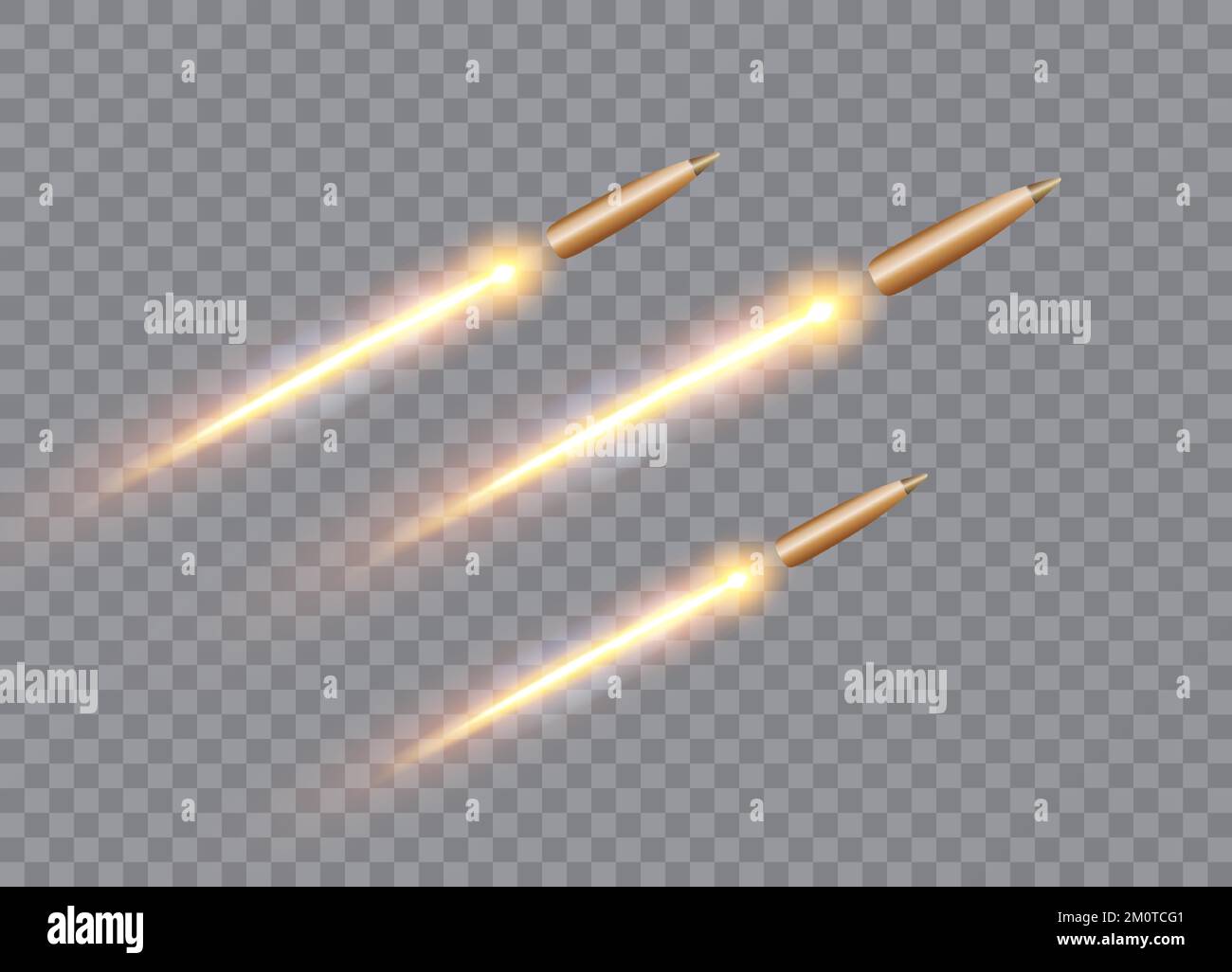 Realistic flying bullet in motion with the fiery trace. Vector illustration. Stock Vector