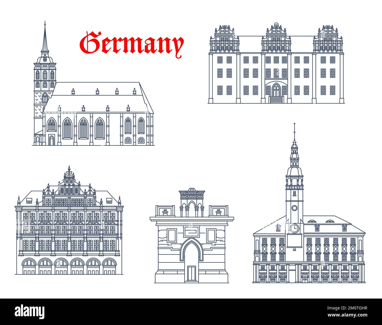 Germany, Bautzen and Gorlitz architecture buildings, vector travel landmarks. German Saxony buildings of St Peter cathedral, Ortenburg castle, Rathaus City Hall and Holy Sepulchre or Grave monument Stock Vector