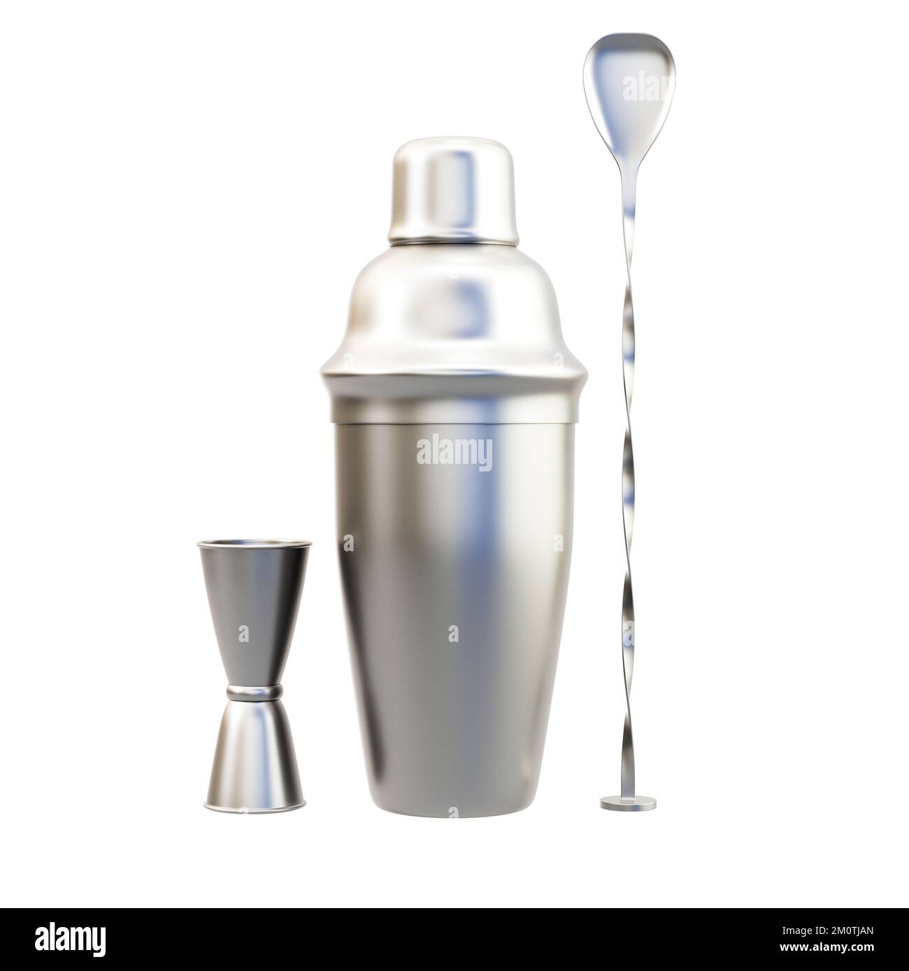 Coctail shaker with jigger and bar spoon isolated on white background