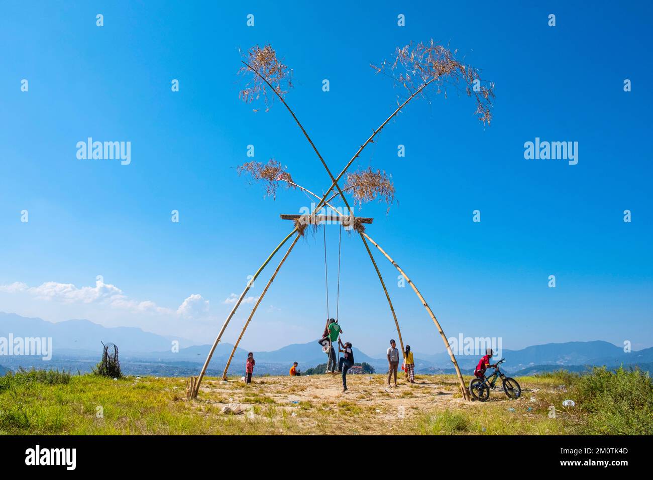 Nepal, Kathmandu valley, surroundings of Changu Narayan, bamboo swing