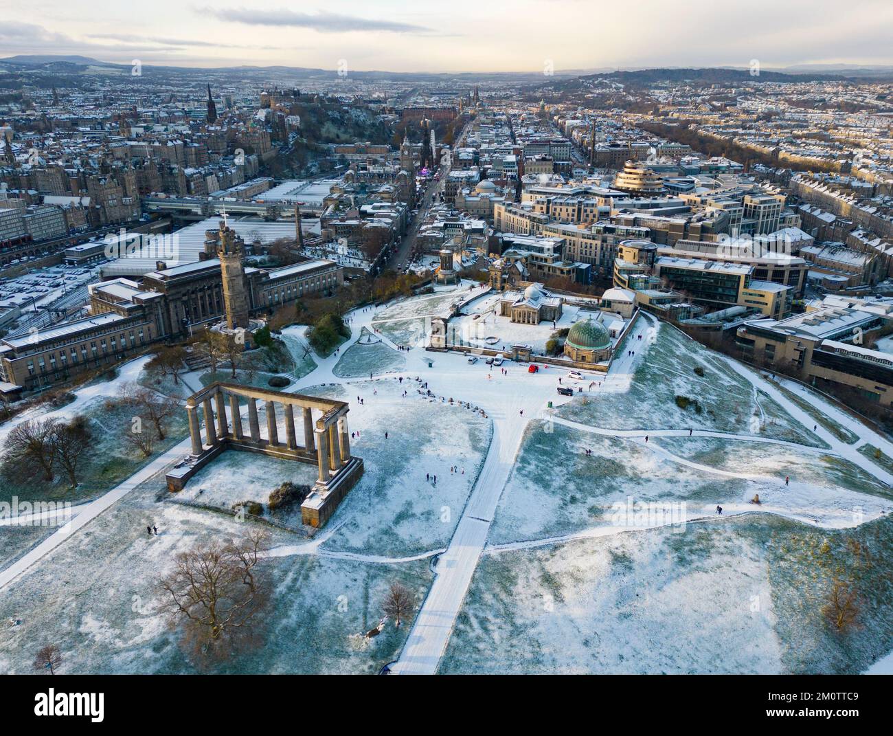 Edinburgh, Scotland, UK. 8th December 2022. Snow in Edinburgh as the Arctic weather conditions from the north continue to affect large parts of Scotland. Pic; Aerial view of snow covered Calton Hill. Iain Masterton/Alamy Live News Stock Photo