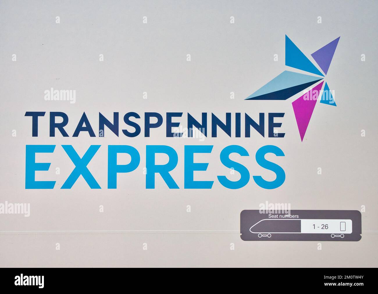 Corporate branding on a Transpennine Express railway train. Stock Photo