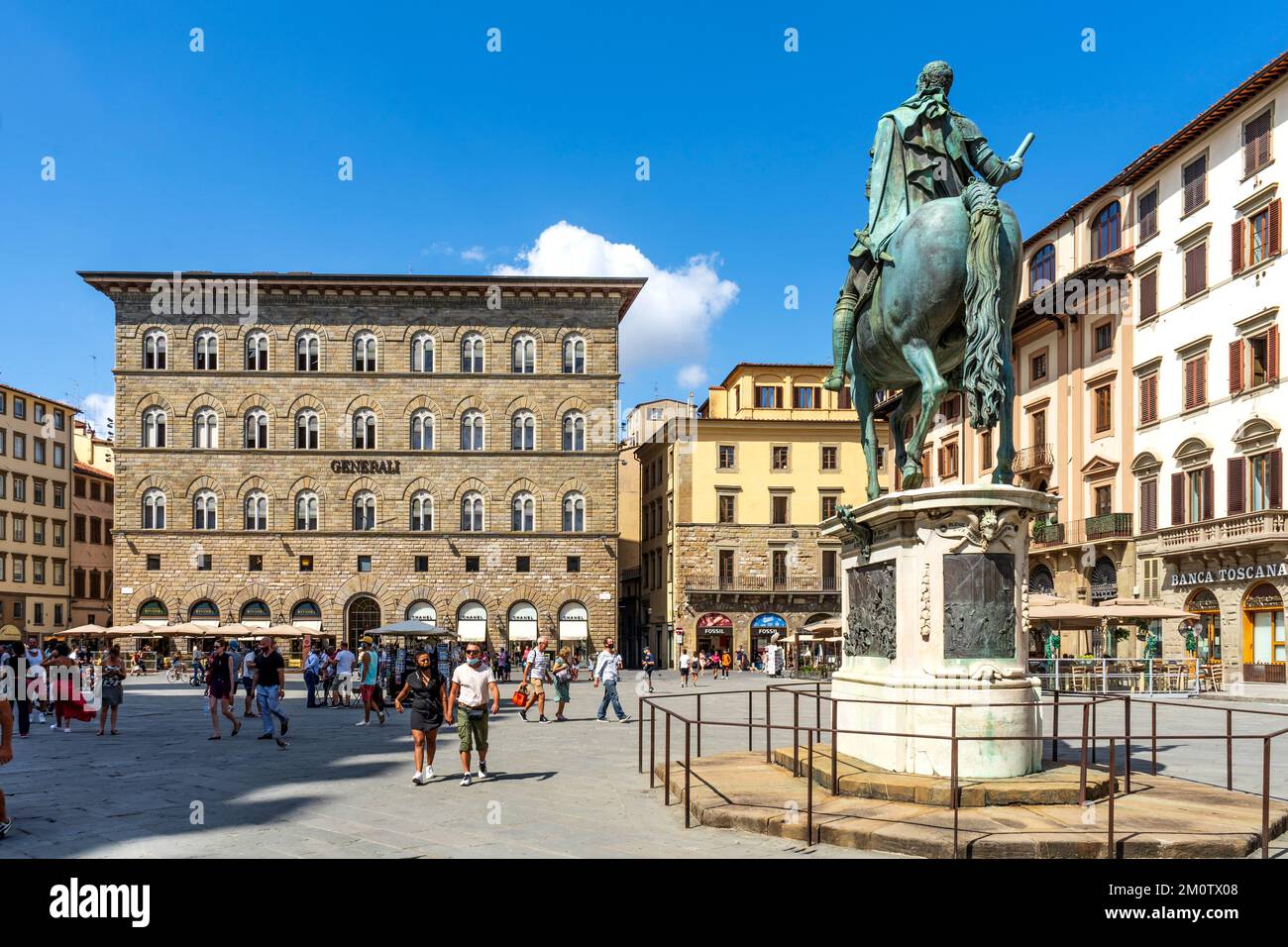 Equestrian monument of Cosimo I, bronze statue sculpted by Giambologna and erected in 1594, located in Signoria square, Florence, Tuscany, Italy Stock Photo