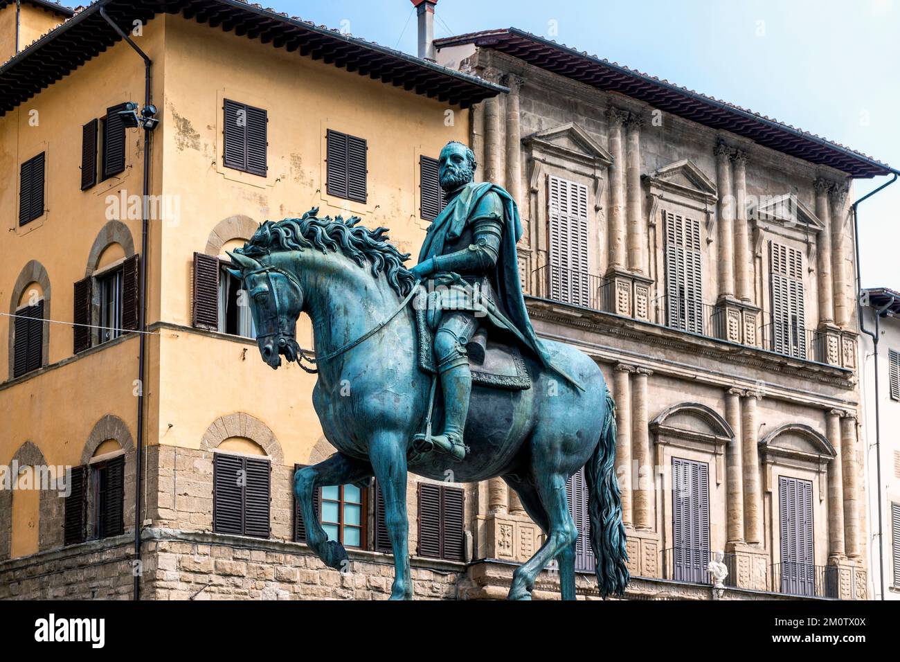 Equestrian monument of Cosimo I, bronze statue sculpted by Giambologna and erected in 1594, located in Signoria square, Florence, Tuscany, Italy Stock Photo