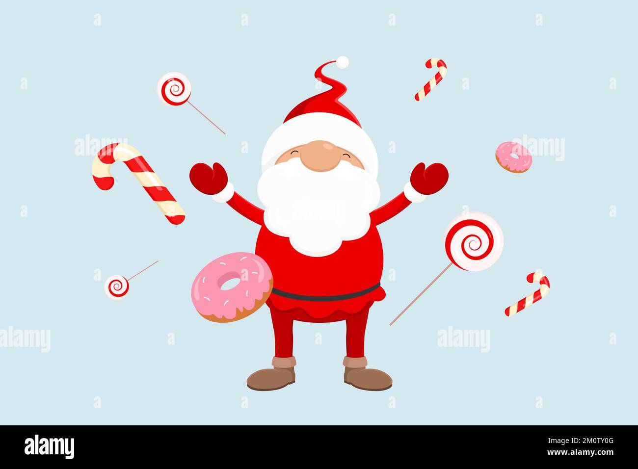Santa and sweets - donuts, candy canes, swirl lollipops. Vector illustration. Stock Vector