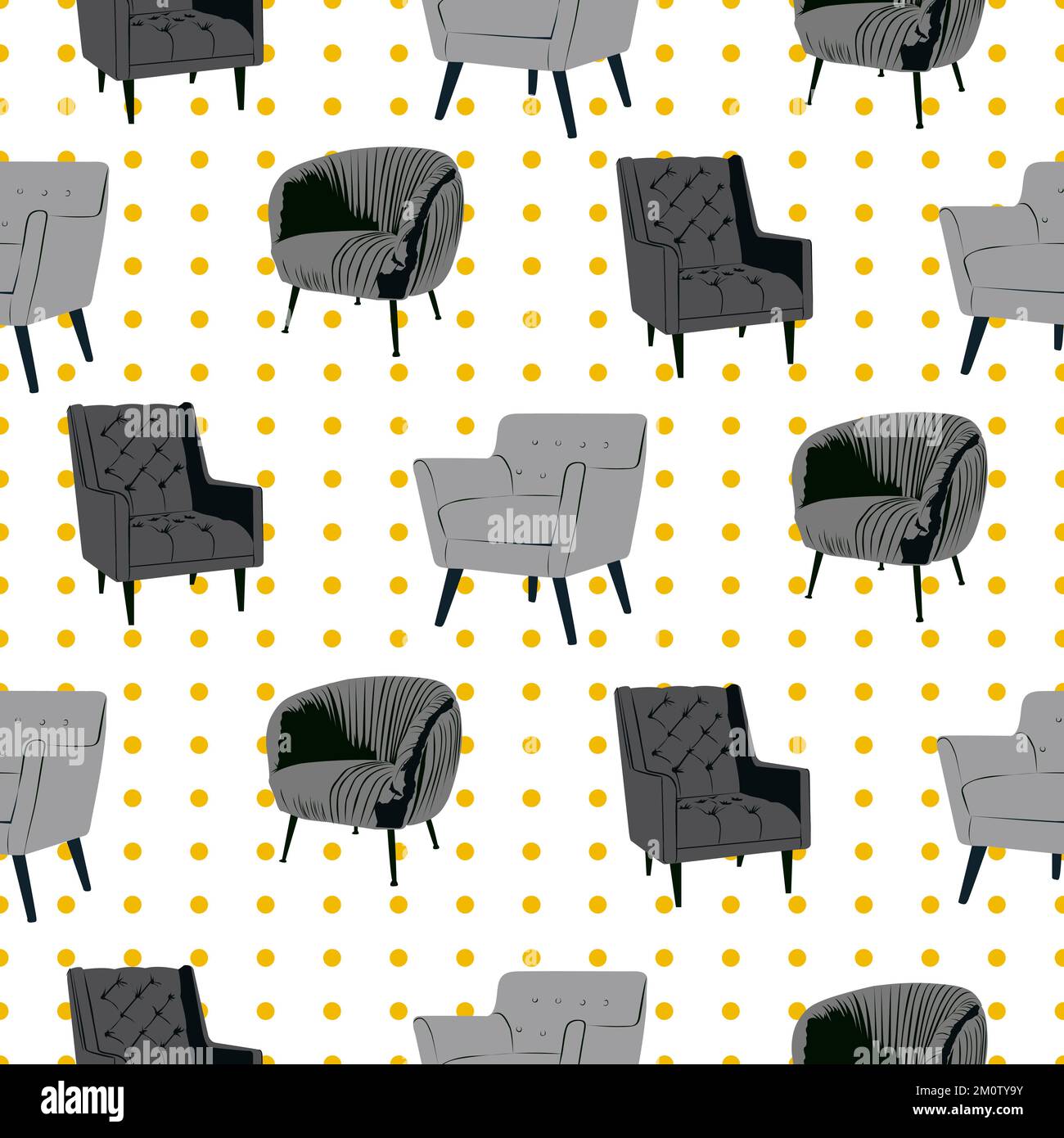 Gray chairs with yellow dots background vector seamless pattern isolated on white Stock Vector