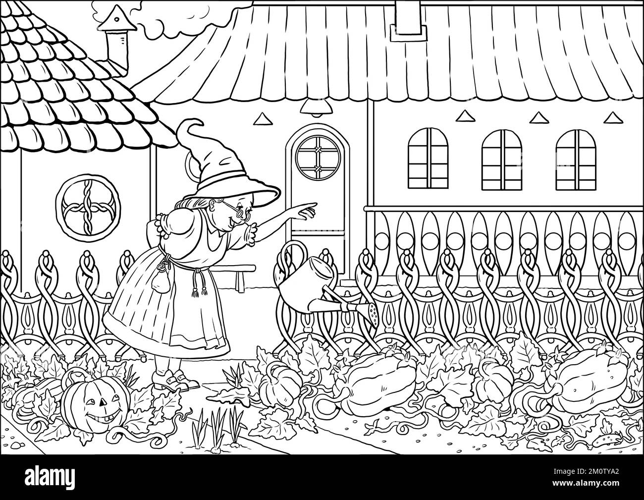 Good fairy in her magical garden. Template for coloring. Stock Photo