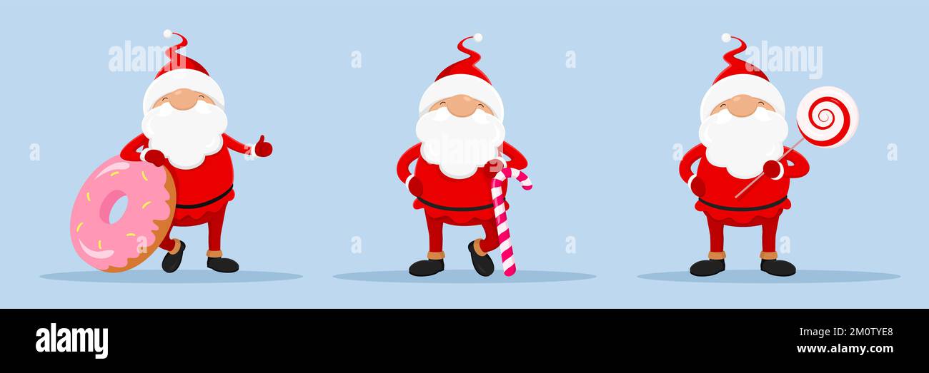 Santa with sweets - donut, candy cane, swirl lollipop. Vector illustration. Stock Vector