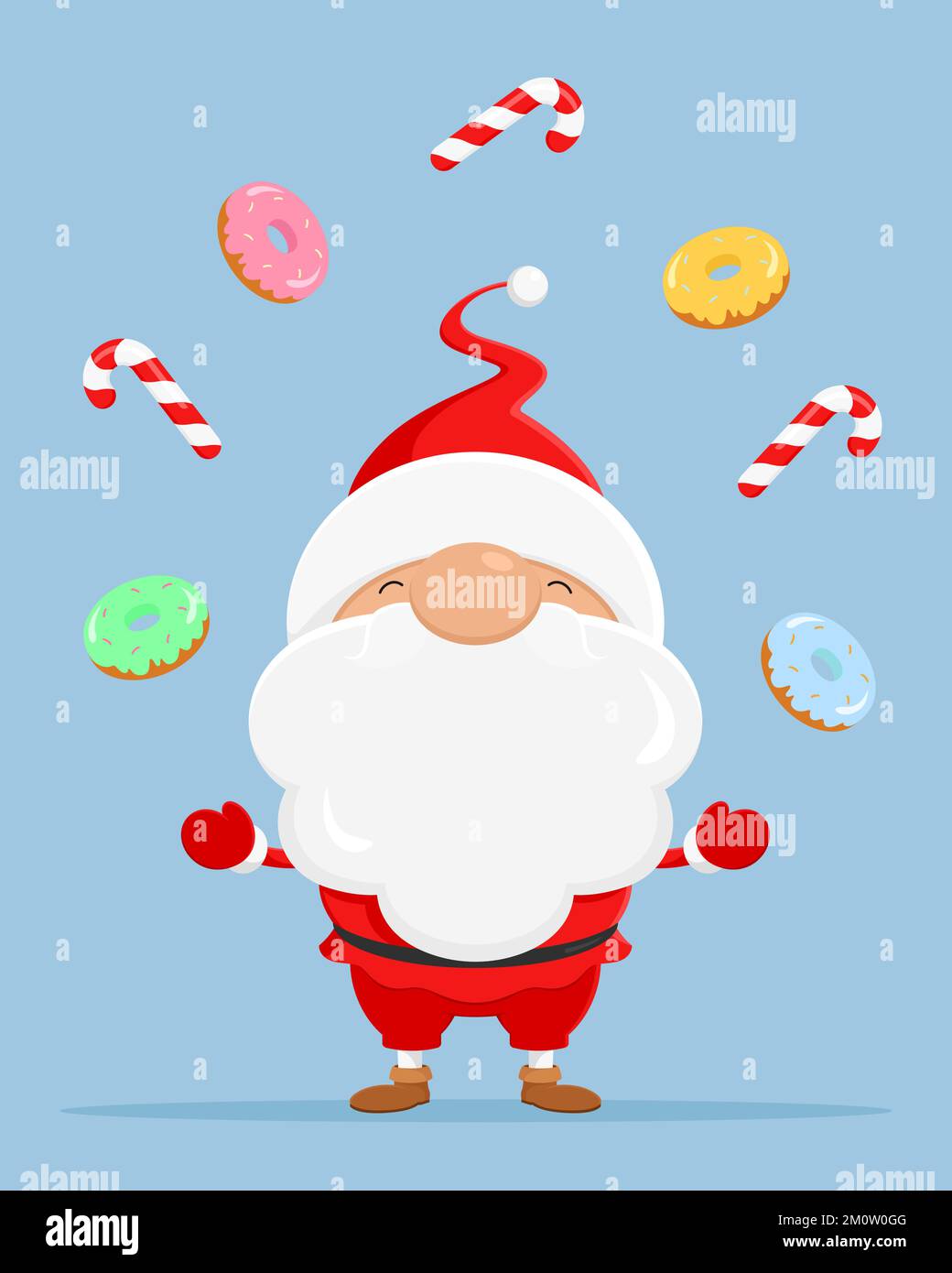 Santa juggles with candy canes and donuts. Vector illustration. Stock Vector