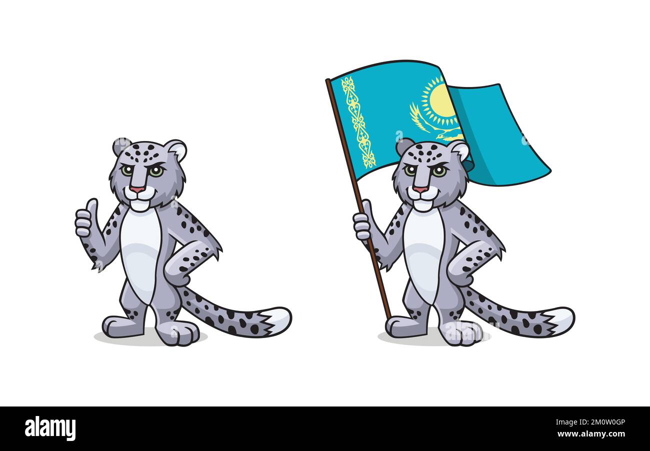 Snow Leopard - Irbis with Kazakhstan's flag. Set of Snow leopards. Character, mascot, symbol, sign of Kazakhstan. Stock Vector
