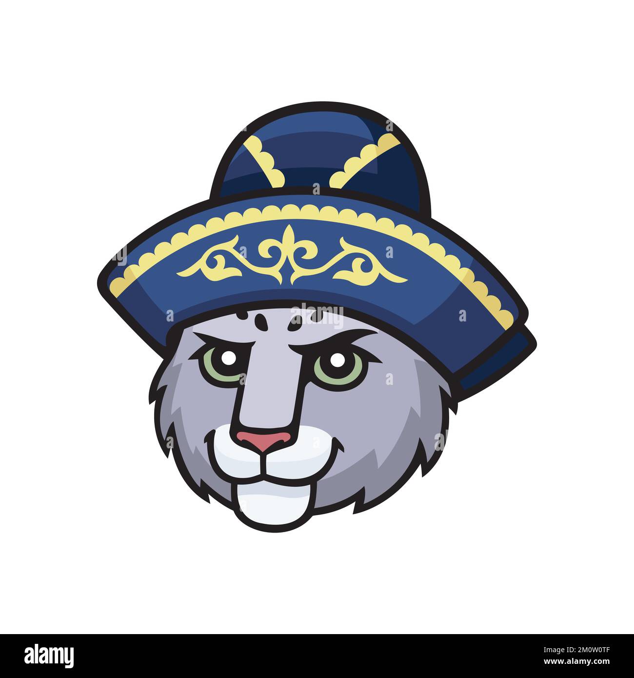 Snow leopard, irbis head with kazakh national hat. Vector cartoon comic doodle illustration, mascot, character, icon. Stock Vector