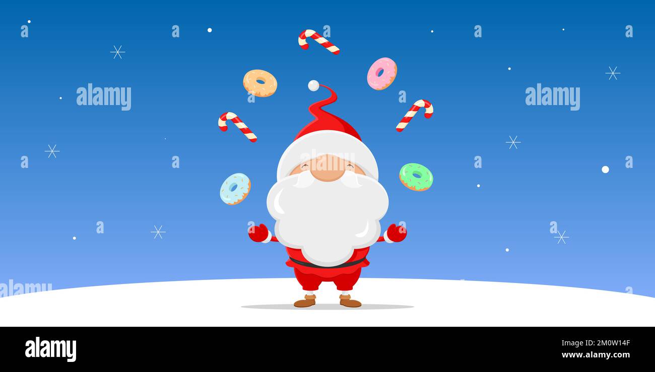 Santa Claus juggles with candy canes and donuts. Vector illustration. Stock Vector