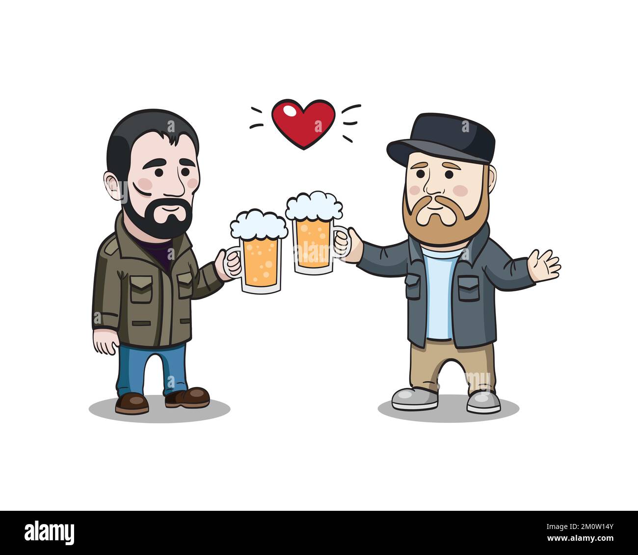 Bearded male characters with beer mugs. Cartoony men with beer mugs