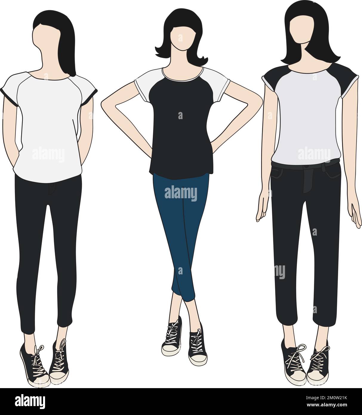 Girls mannequin wearing skinny jeans and t-shirts flat illustration Stock Vector