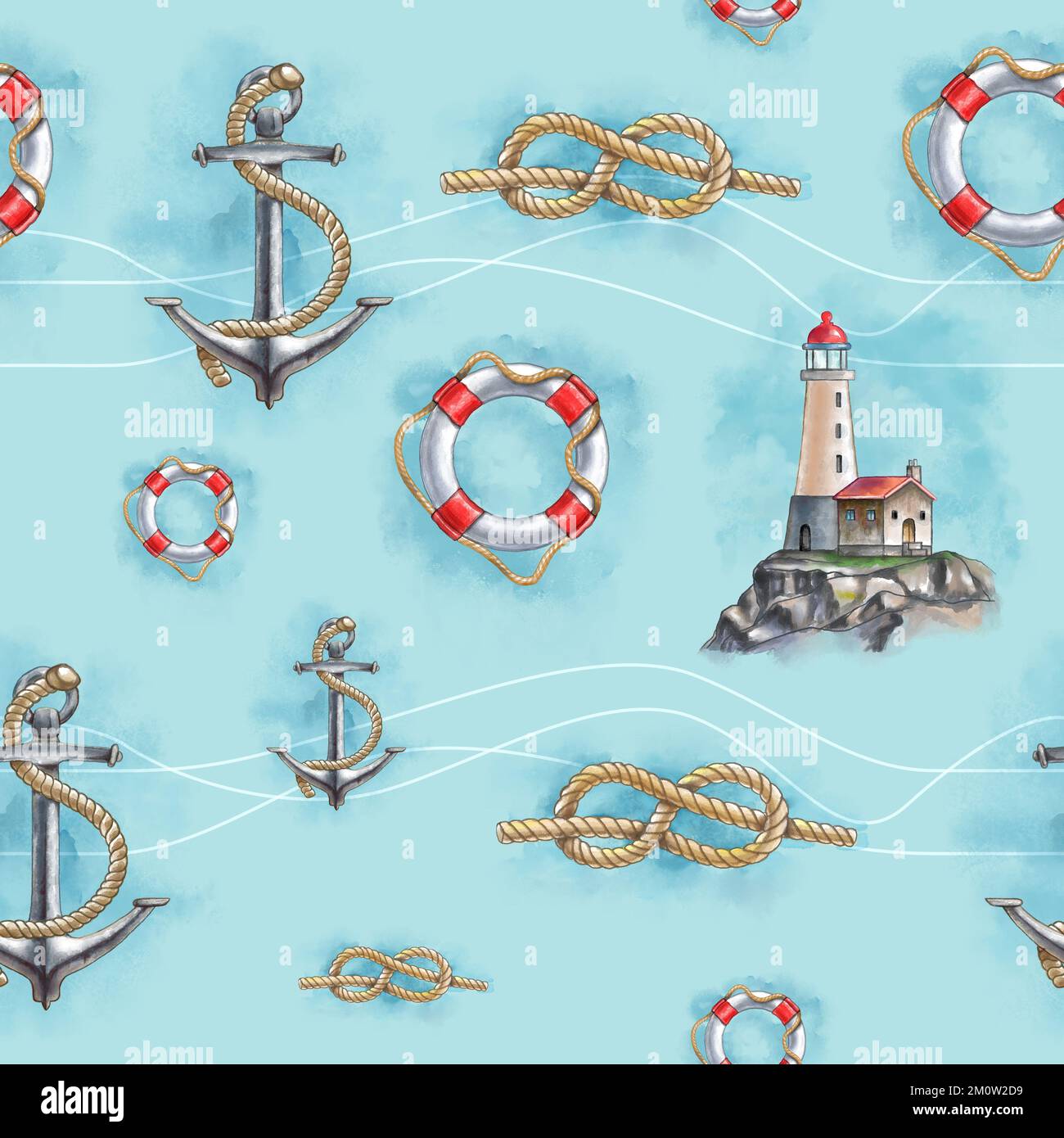 Nautical themed pattern with hand-drawn elements including a lifesaver, rope, anchor and lighthouse. Digital illustration. Stock Photo
