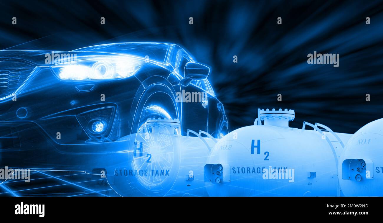 Electric car with H2 fuel storage tank. Fuel cell electric vehicle. Sustainable energy. Futuristic vehicle concept. Futuristic autonomous car. Driver Stock Photo