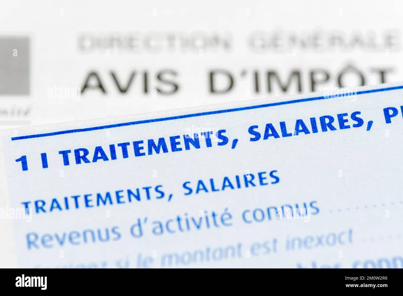Taxes in France: Detail of a French income tax return with a close-up on the wages and salaries section Stock Photo