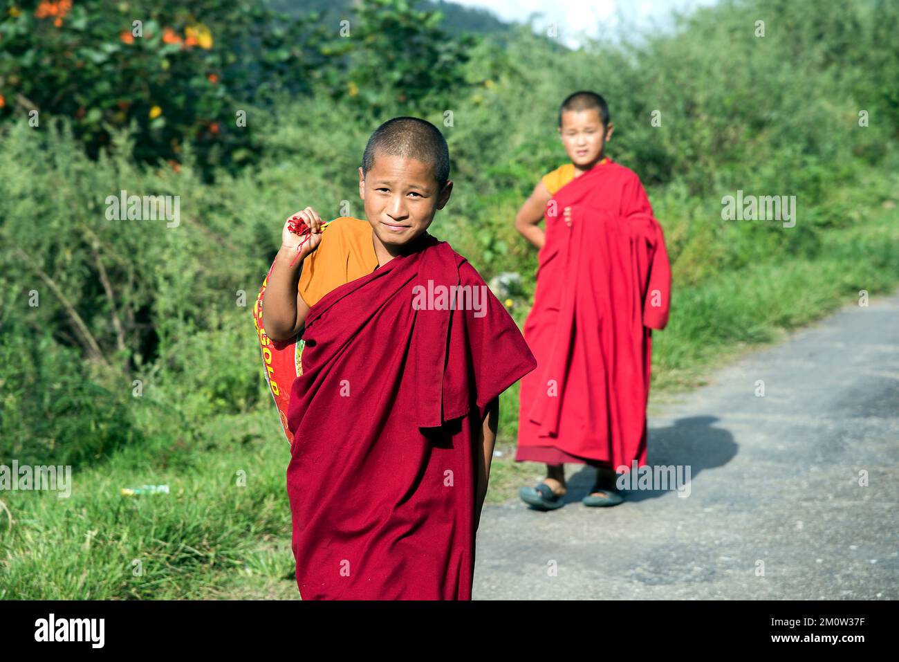 Novice monks walking near Thinleygang Temple Stock Photo