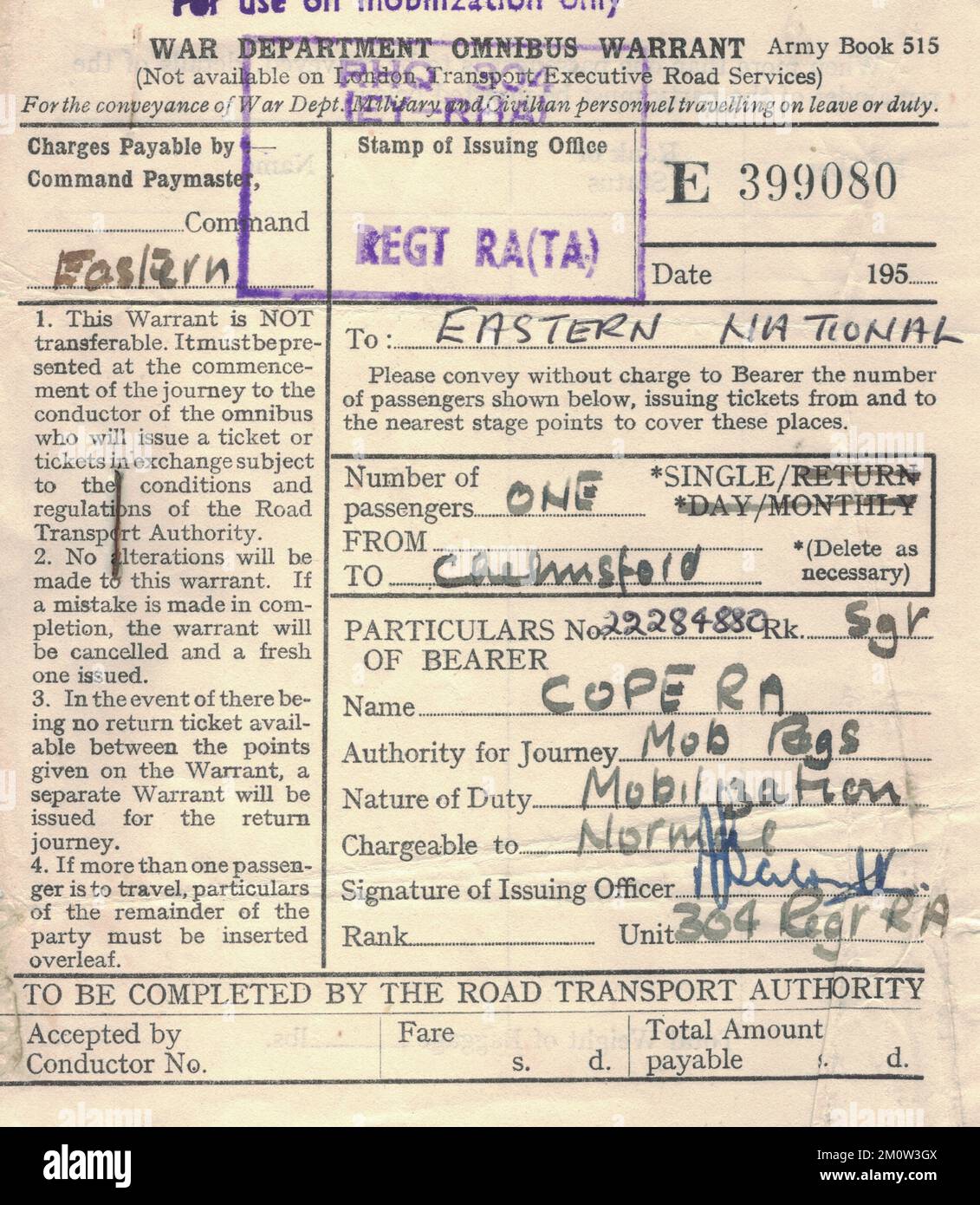 War Department Omnibus Warrant 1949 Territorial Army Stock Photo