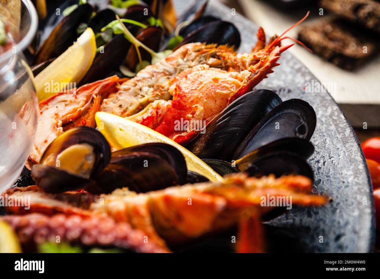Seafood platter for 24 persons. Lobster, octopus, blue mussels