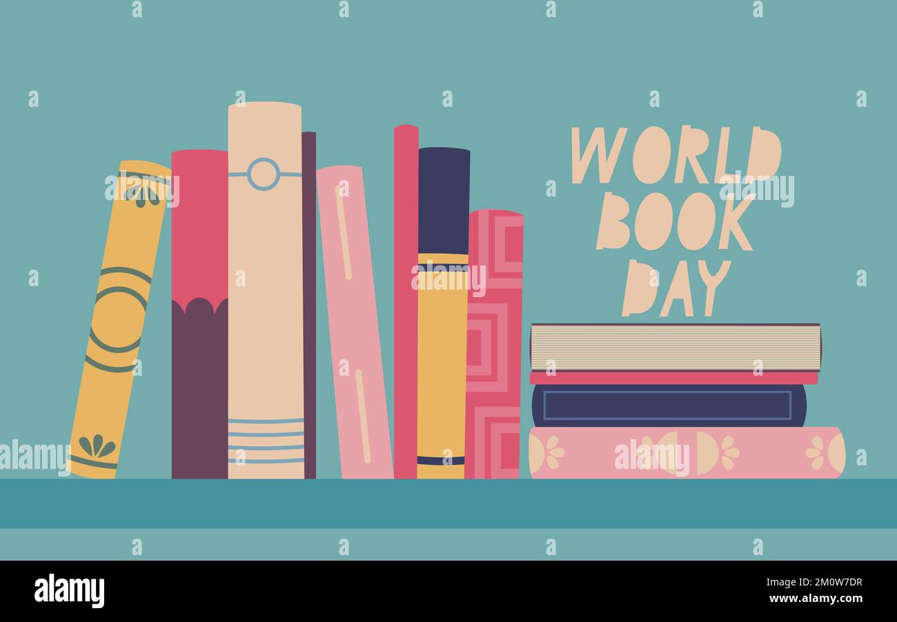 World book day. Book spines. Bookshelf with various books. Vector isolated illustration for