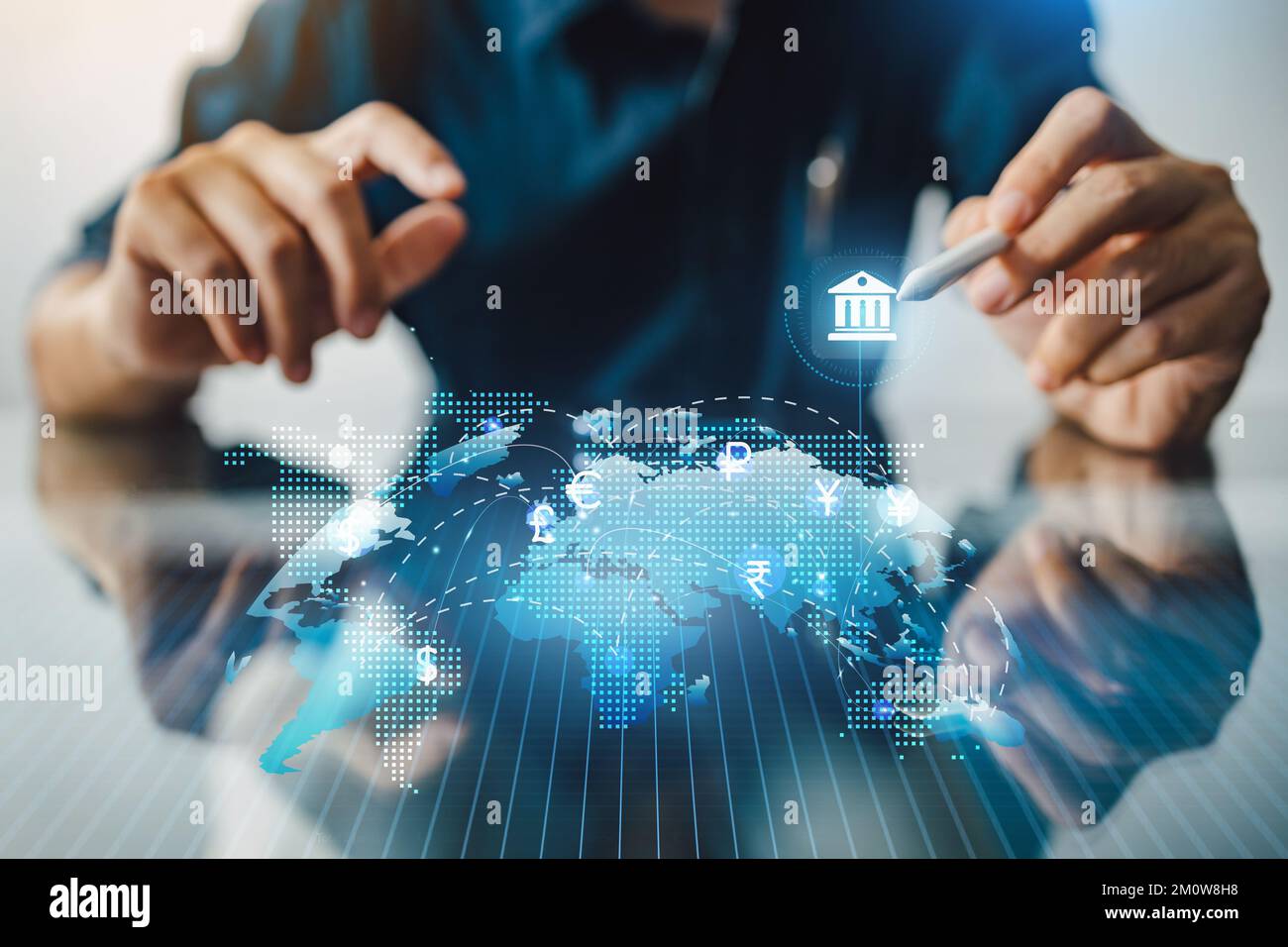 Money exchange abroad with business data ai technology. Concept for digital money transfer by internet banking and world economic financial investment Stock Photo