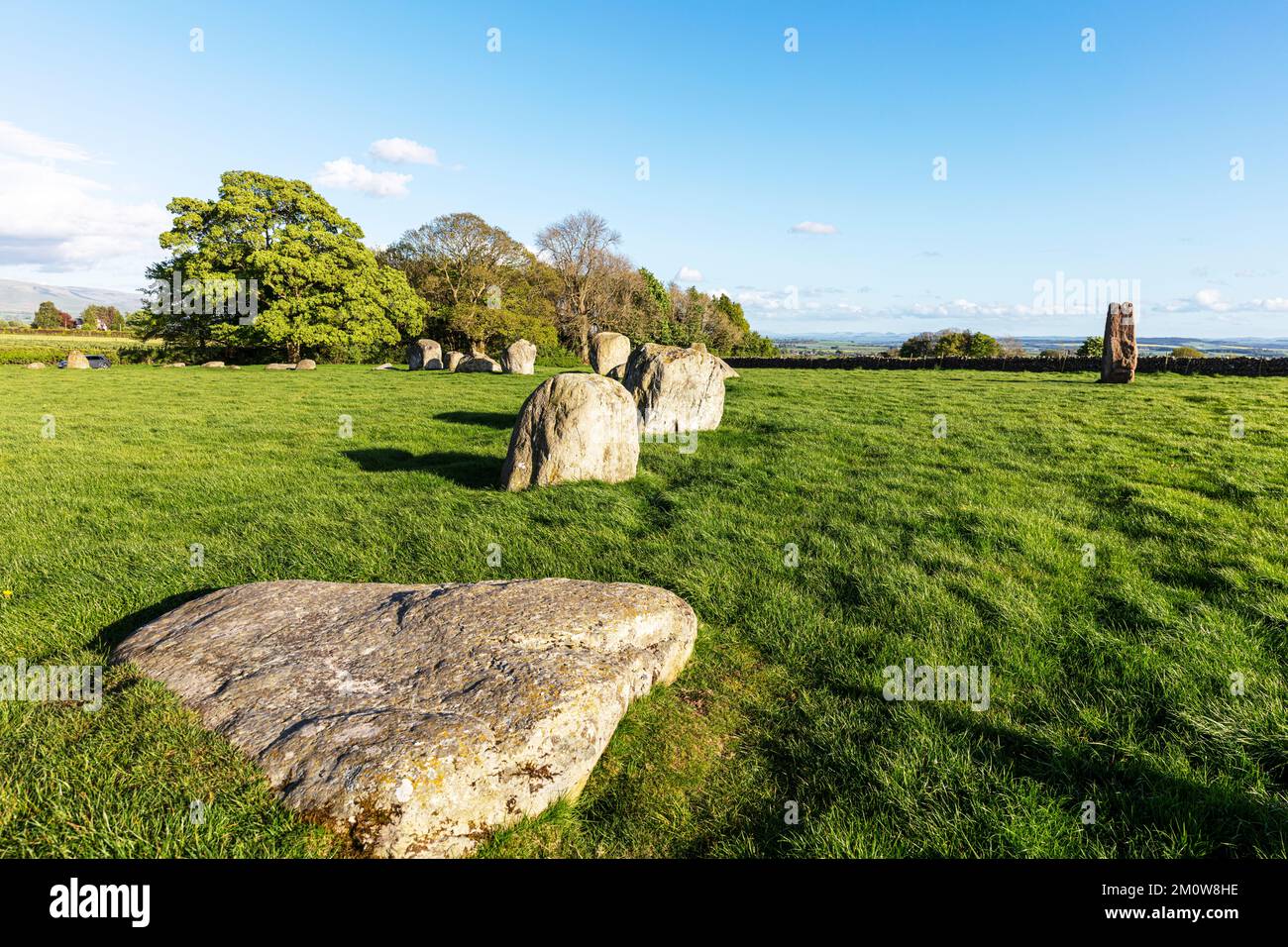 Long Meg and her daughters, stone circle, Cumbria, UK, stone circles, Red Sandstone, monument, megalith, monolith, megalithic art, Stock Photo